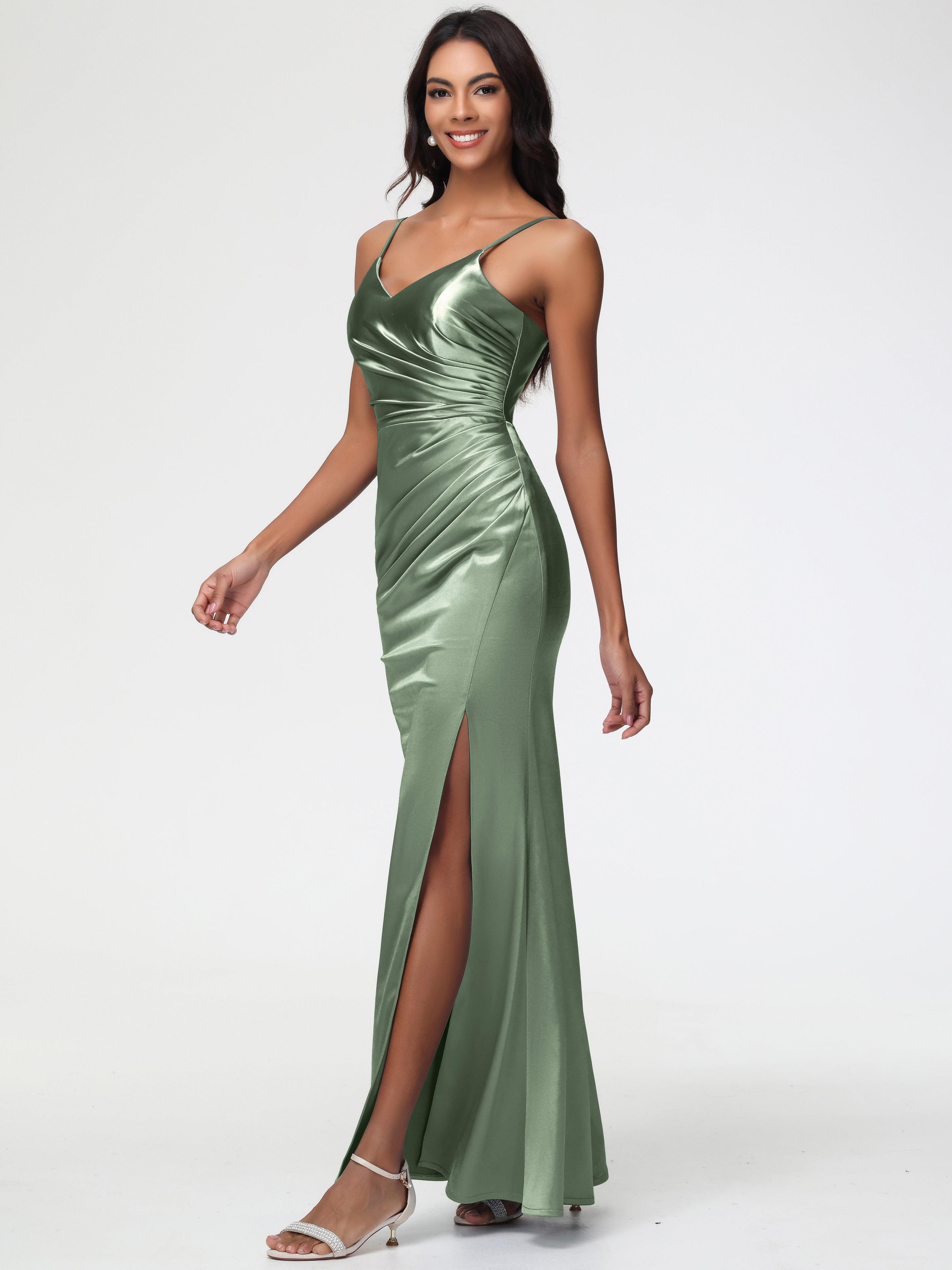 Toutes Les Robes De Demoiselle D'Honneur De Sauge Poussiéreuse Robe Demoiselle D'Honneur Avec Décolleté En V Longue Plissée À Fines Bretelles