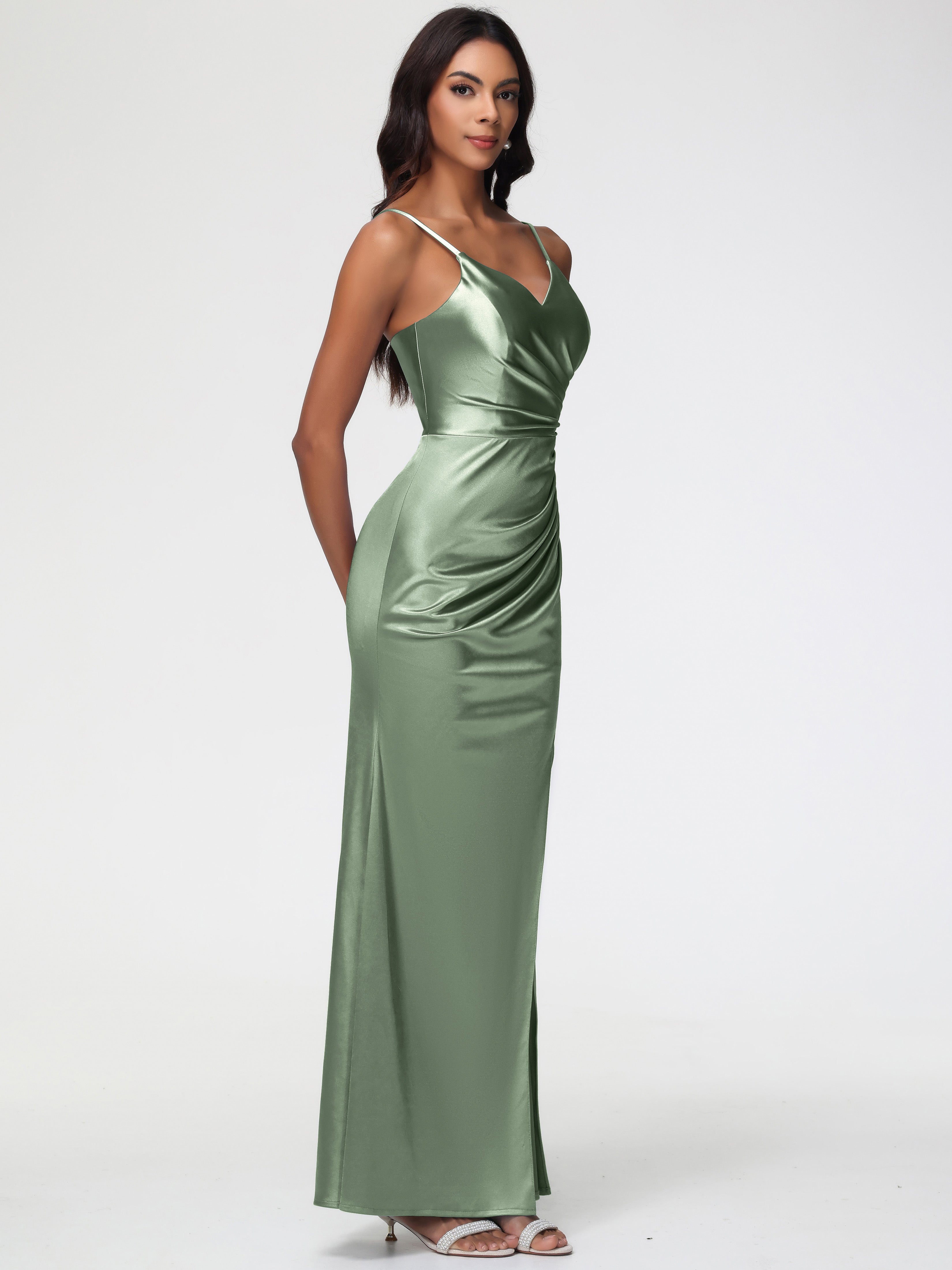 Toutes Les Robes De Demoiselle D'Honneur De Sauge Poussiéreuse Robe Demoiselle D'Honneur Avec Décolleté En V Longue Plissée À Fines Bretelles