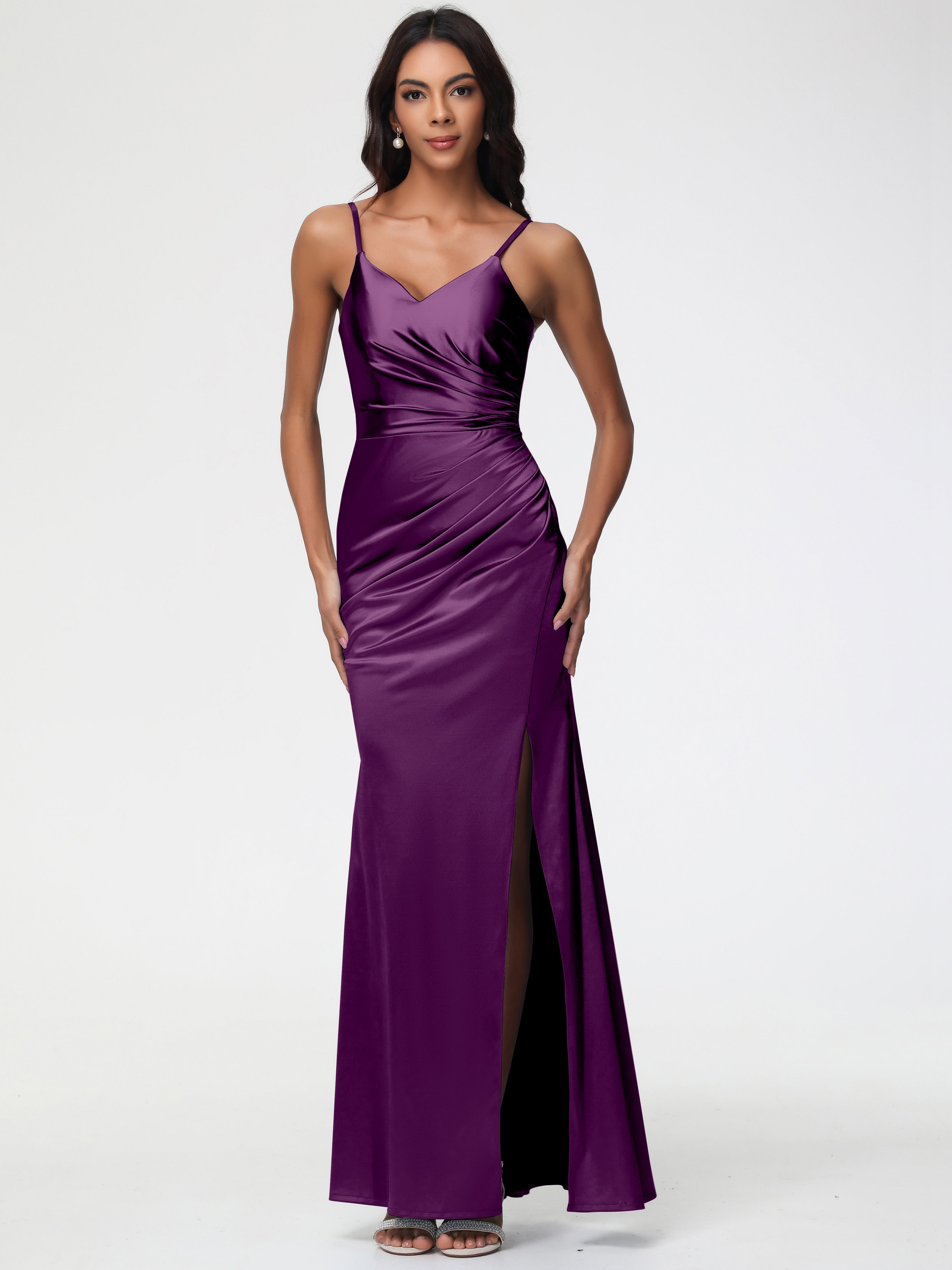 Robes De Demoiselle D'Honneur En Raisin Robe Demoiselle D'Honneur Avec Décolleté En V Longue Plissée À Fines Bretelles