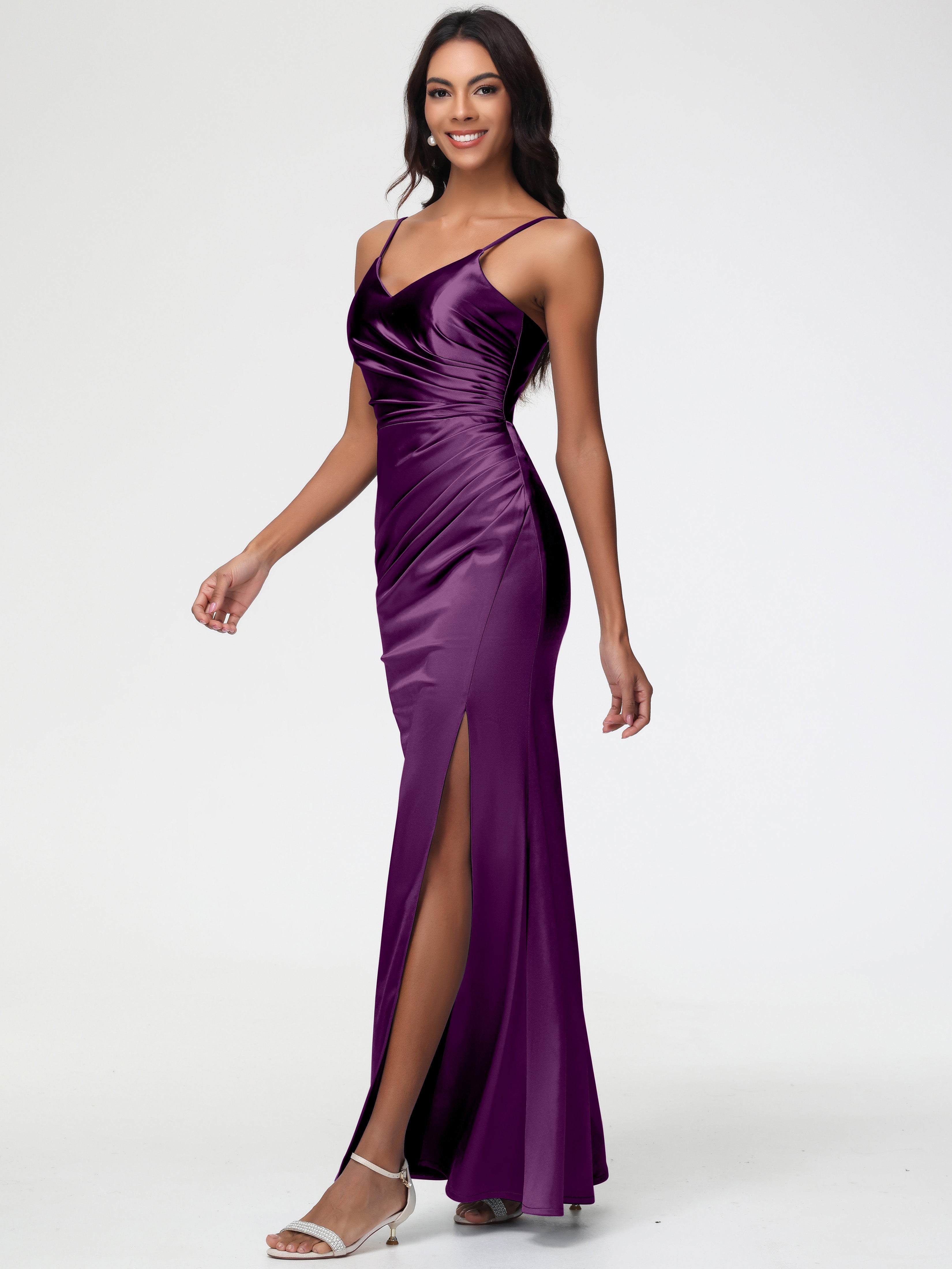 Robes De Demoiselle D'Honneur En Raisin Robe Demoiselle D'Honneur Avec Décolleté En V Longue Plissée À Fines Bretelles