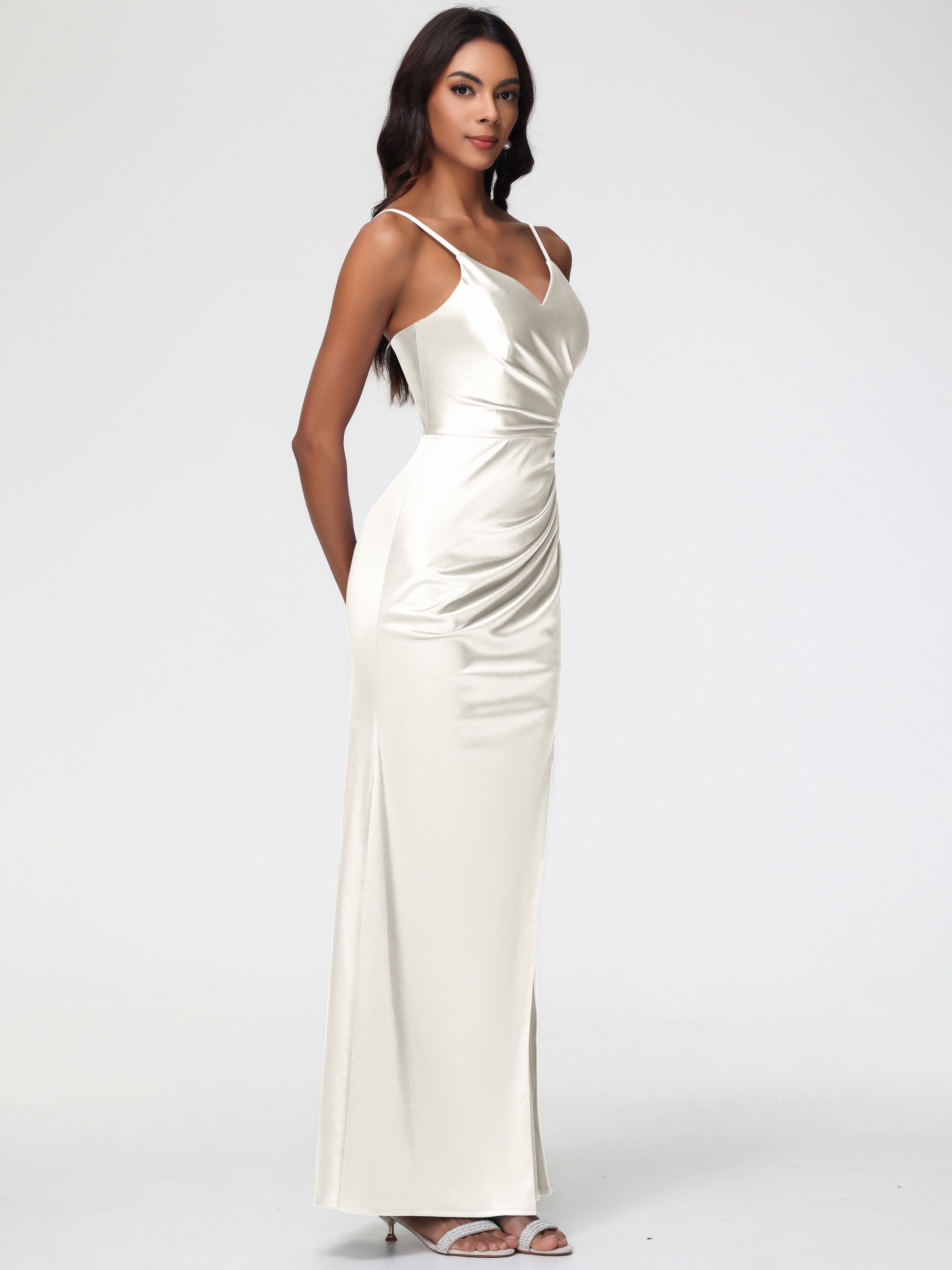 Robes De Demoiselle D'Honneur Ivoire Robe Demoiselle D'Honneur Avec Décolleté En V Longue Plissée À Fines Bretelles