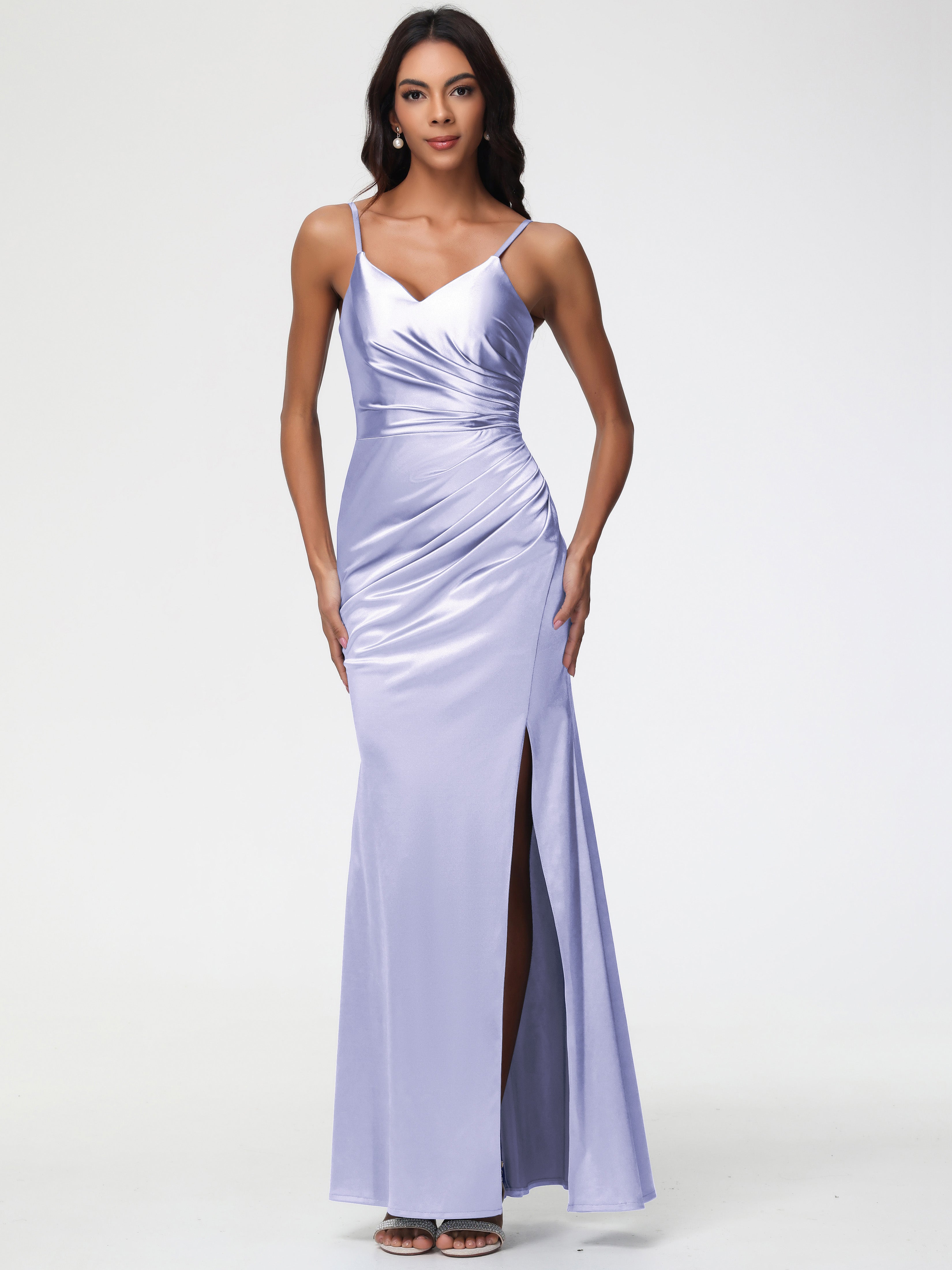 Robe Demoiselle D Honneur Couleur Lavande Robe Demoiselle D'Honneur Avec Décolleté En V Longue Plissée À Fines Bretelles