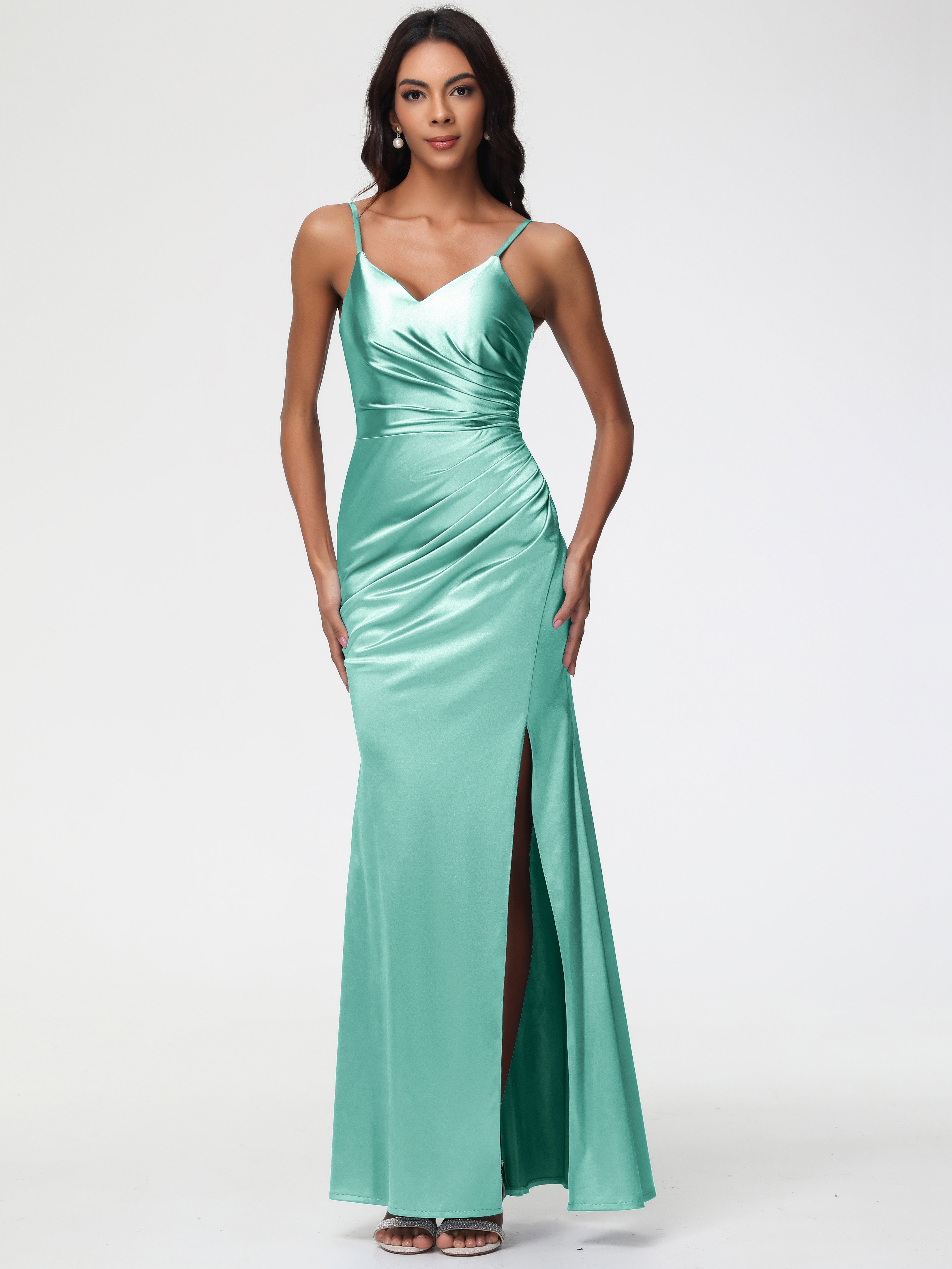 Robe Vert Menthe Demoiselle D Honneur Robe Demoiselle D'Honneur Avec Décolleté En V Longue Plissée À Fines Bretelles
