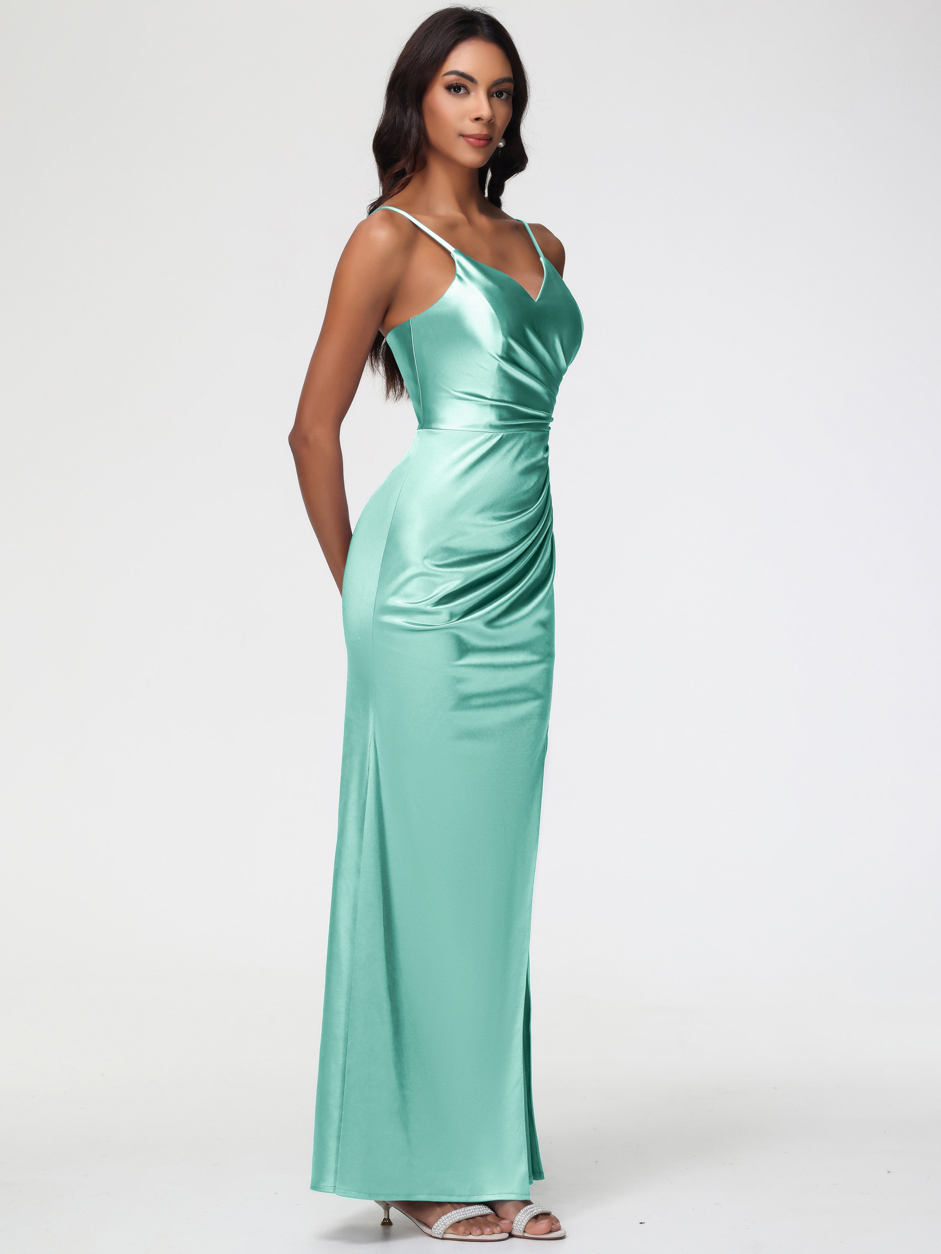 Robe Vert Menthe Demoiselle D Honneur Robe Demoiselle D'Honneur Avec Décolleté En V Longue Plissée À Fines Bretelles
