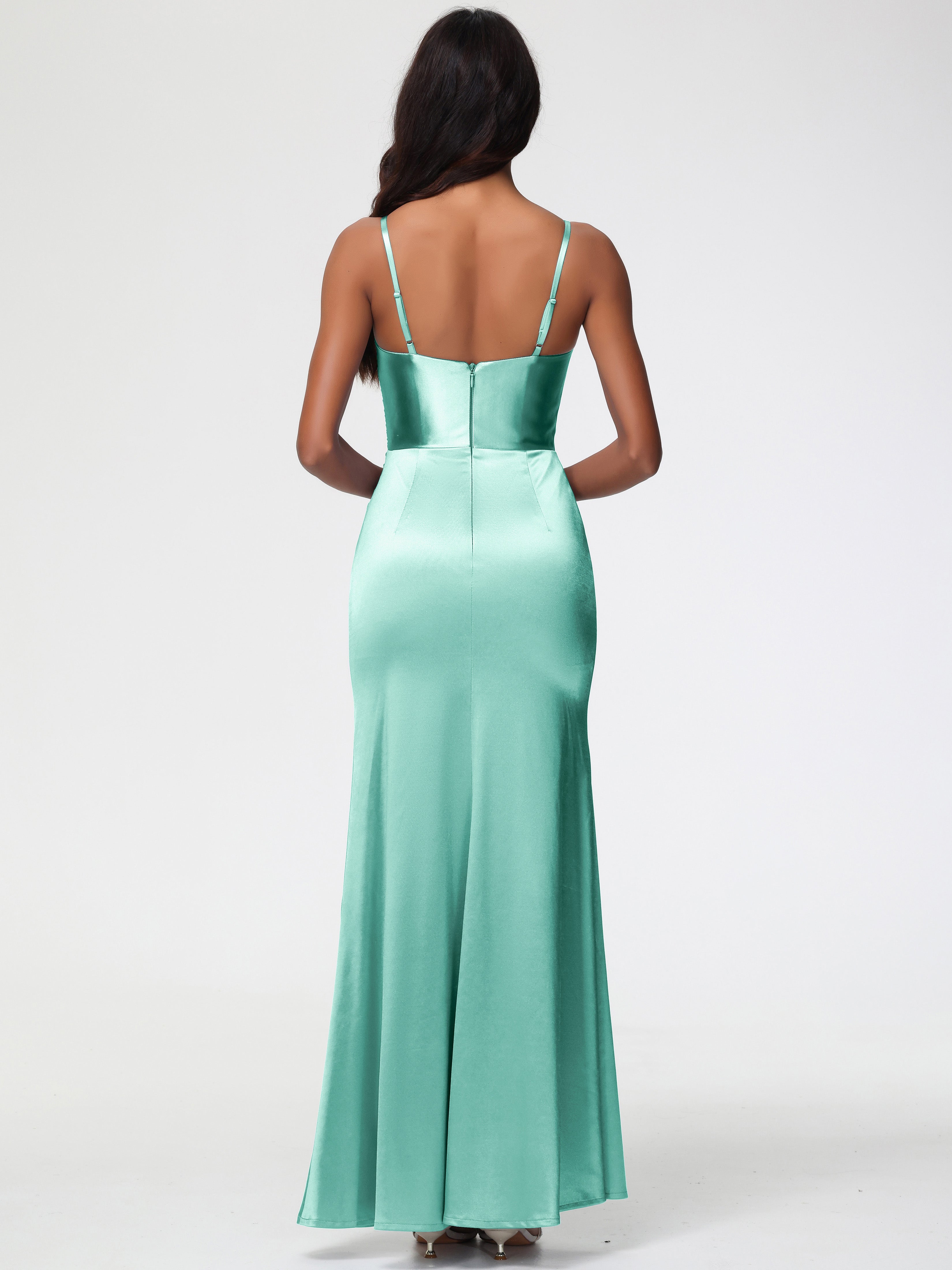 Robe Vert Menthe Demoiselle D Honneur Robe Demoiselle D'Honneur Avec Décolleté En V Longue Plissée À Fines Bretelles