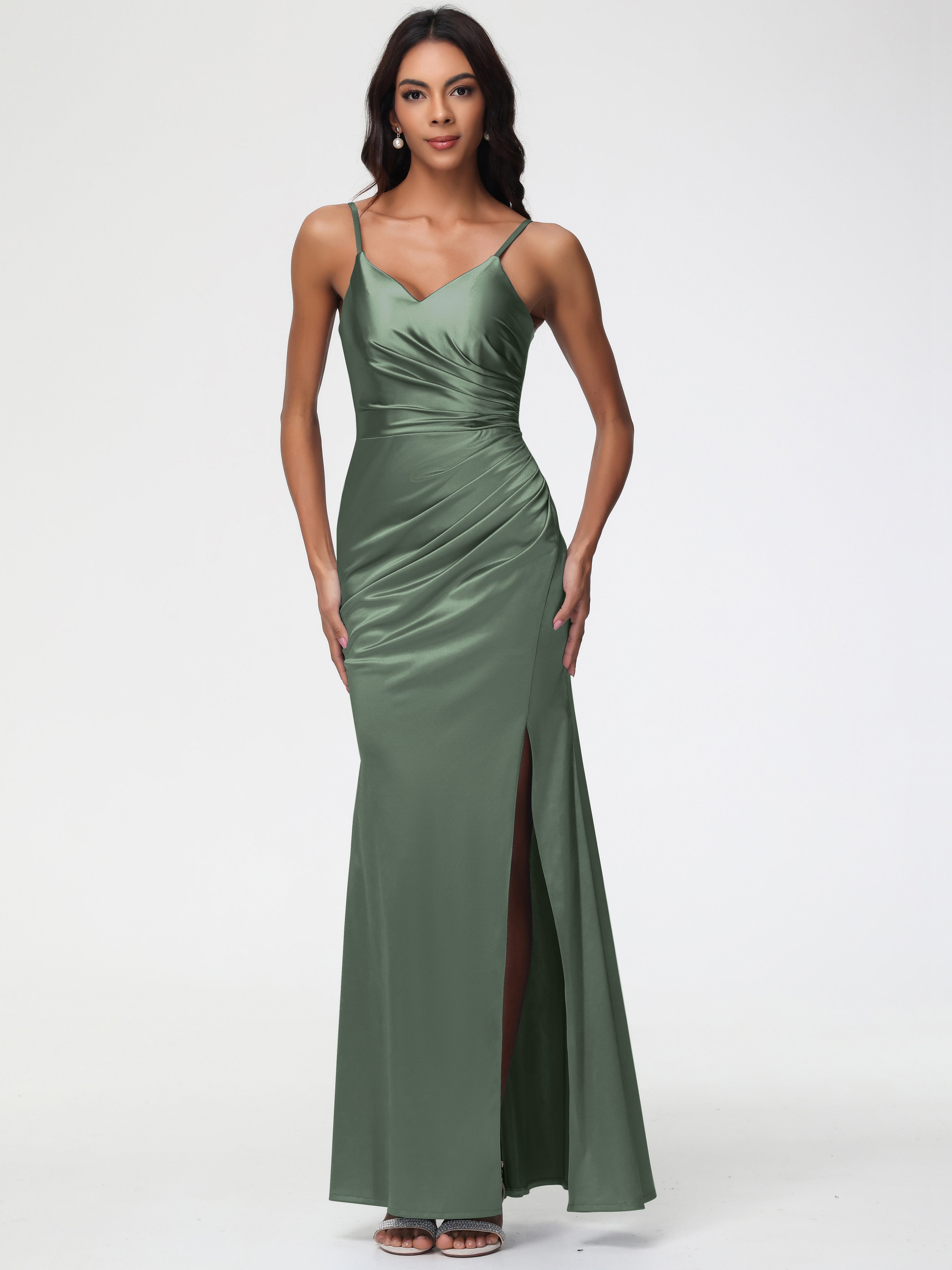 Robe Demoiselle D Honneur Vert Olive Robe Demoiselle D'Honneur Avec Décolleté En V Longue Plissée À Fines Bretelles