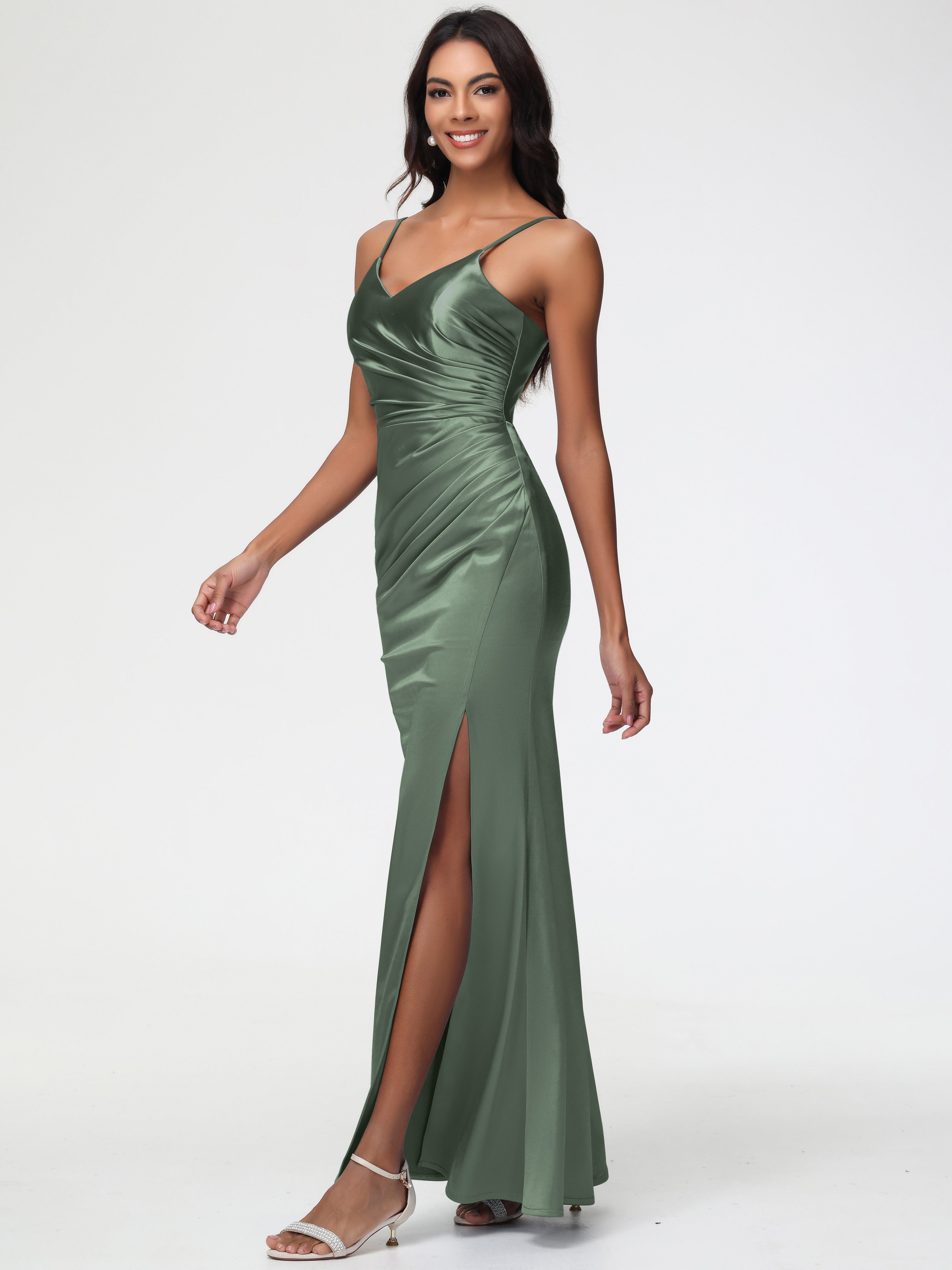 Robe Demoiselle D Honneur Vert Olive Robe Demoiselle D'Honneur Avec Décolleté En V Longue Plissée À Fines Bretelles