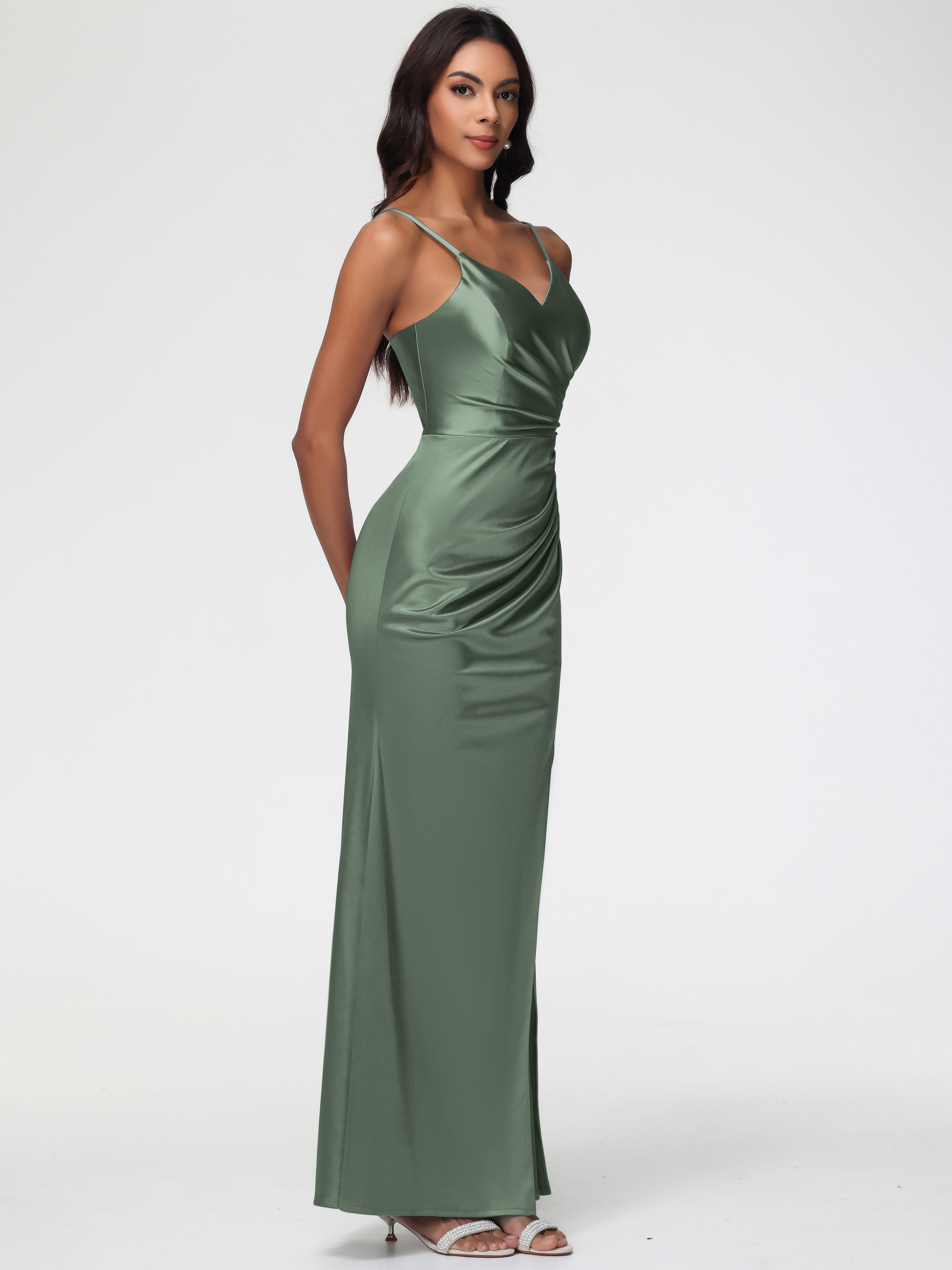 Robe Demoiselle D Honneur Vert Olive Robe Demoiselle D'Honneur Avec Décolleté En V Longue Plissée À Fines Bretelles