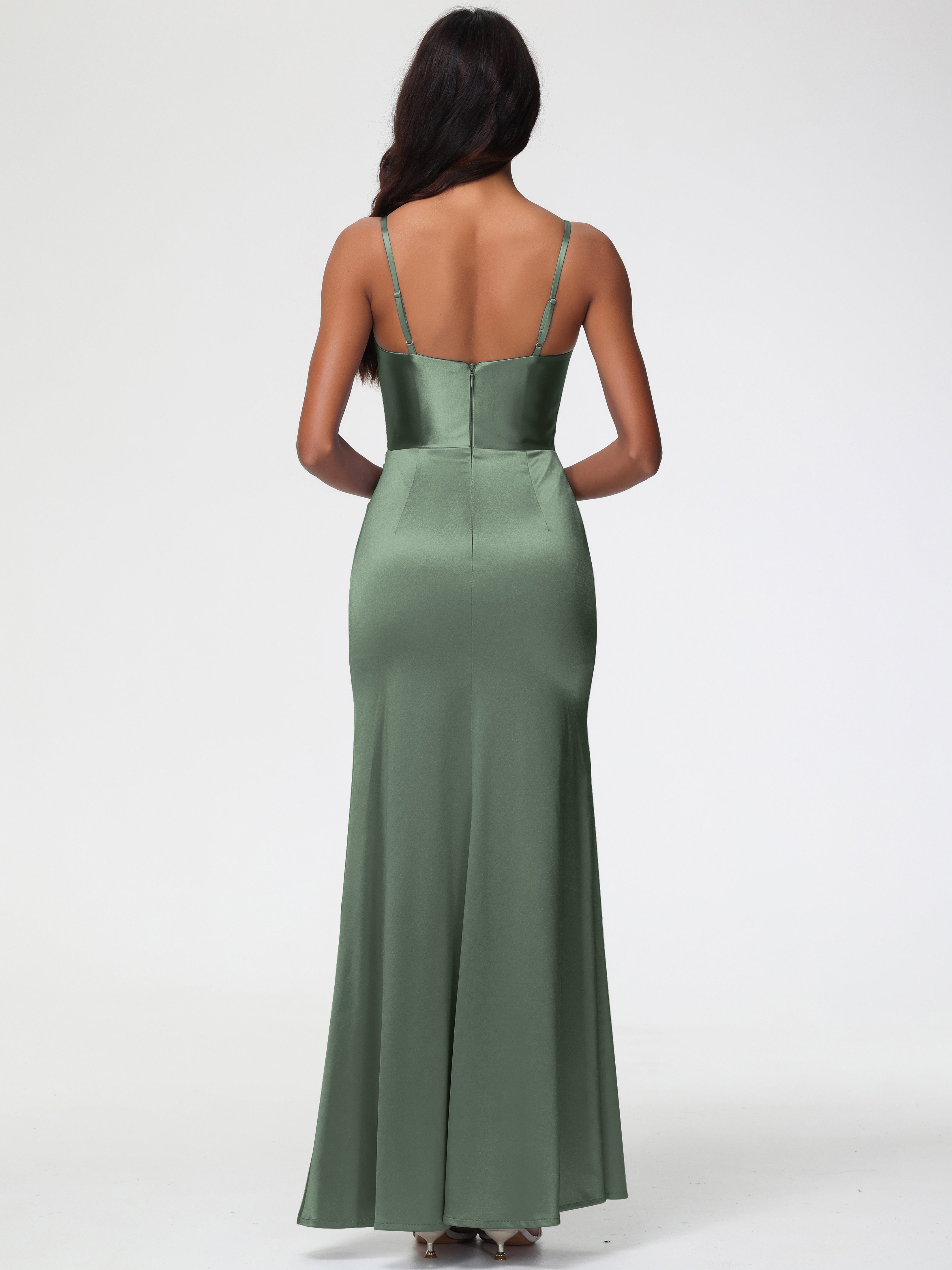 Robe Demoiselle D Honneur Vert Olive Robe Demoiselle D'Honneur Avec Décolleté En V Longue Plissée À Fines Bretelles