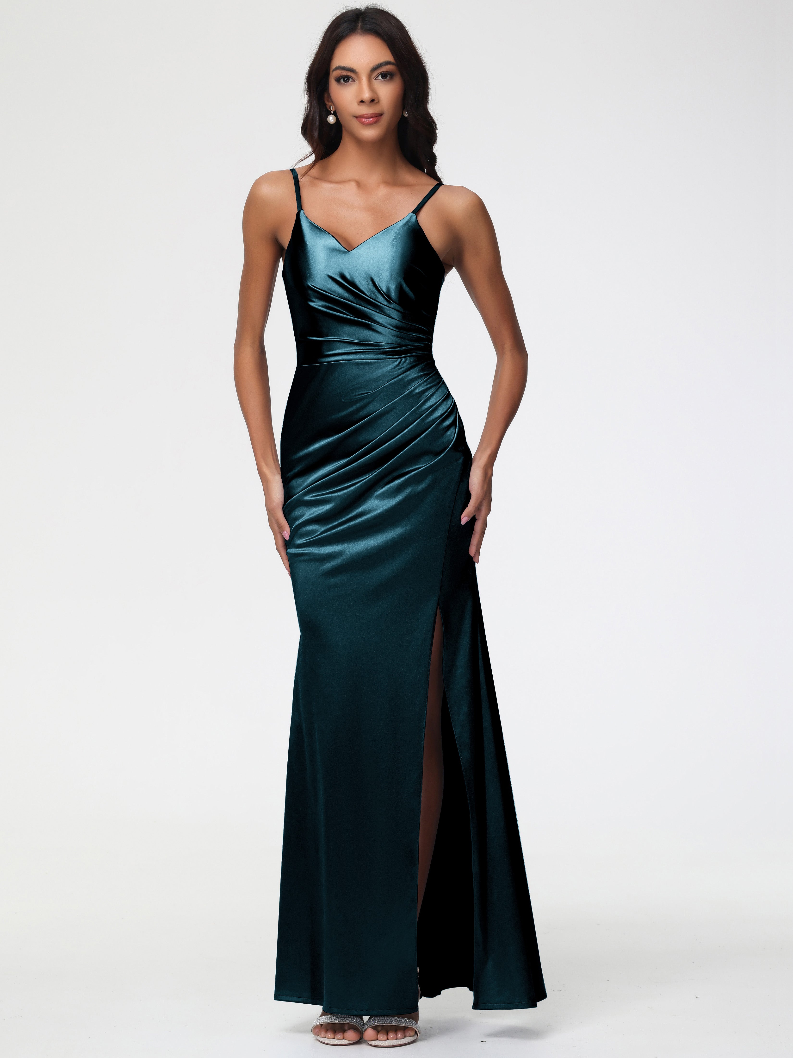 Robe Demoiselle D Honneur Bleu Paon Robe Demoiselle D'Honneur Avec Décolleté En V Longue Plissée À Fines Bretelles