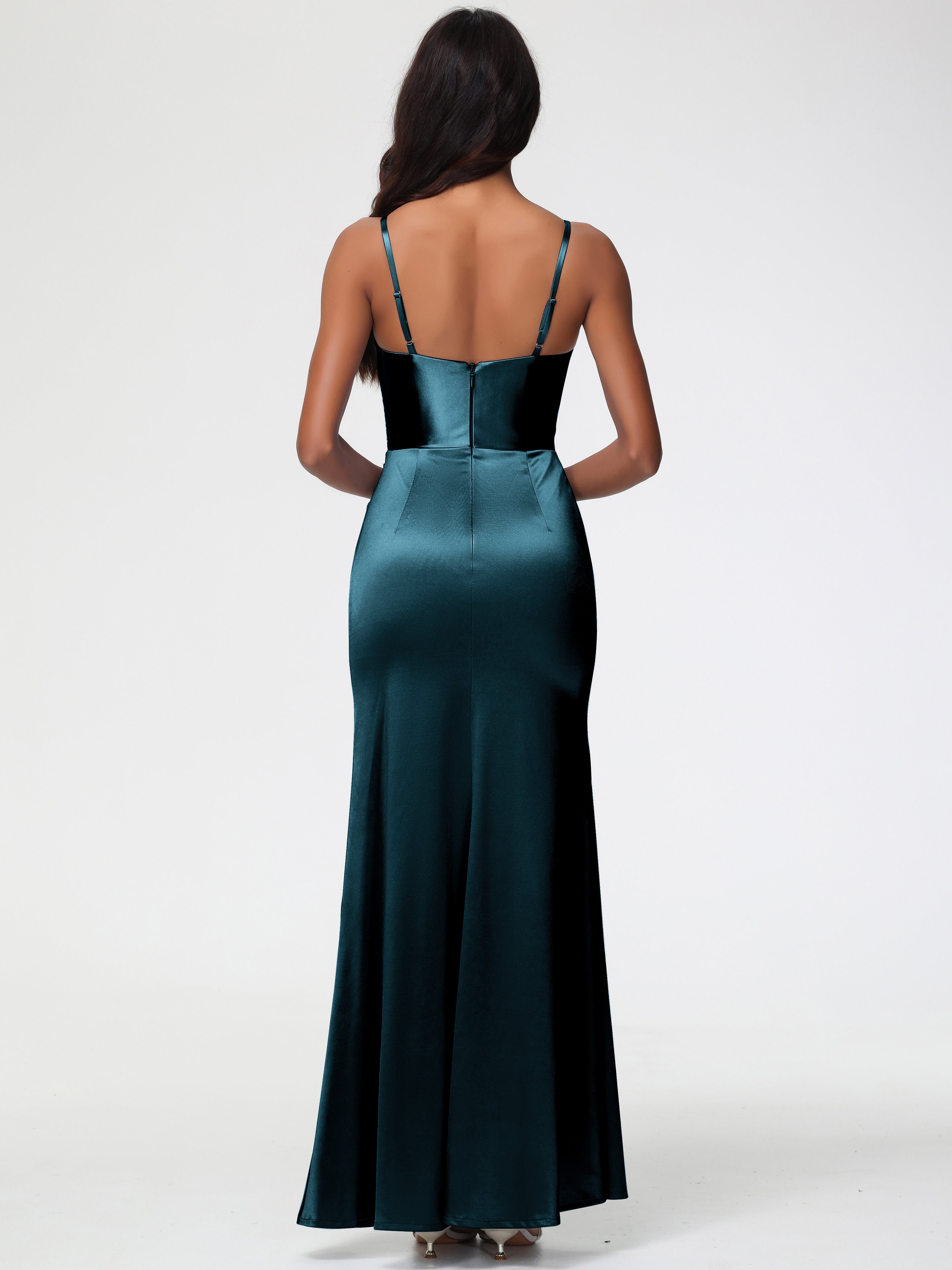 Robe Demoiselle D Honneur Bleu Paon Robe Demoiselle D'Honneur Avec Décolleté En V Longue Plissée À Fines Bretelles