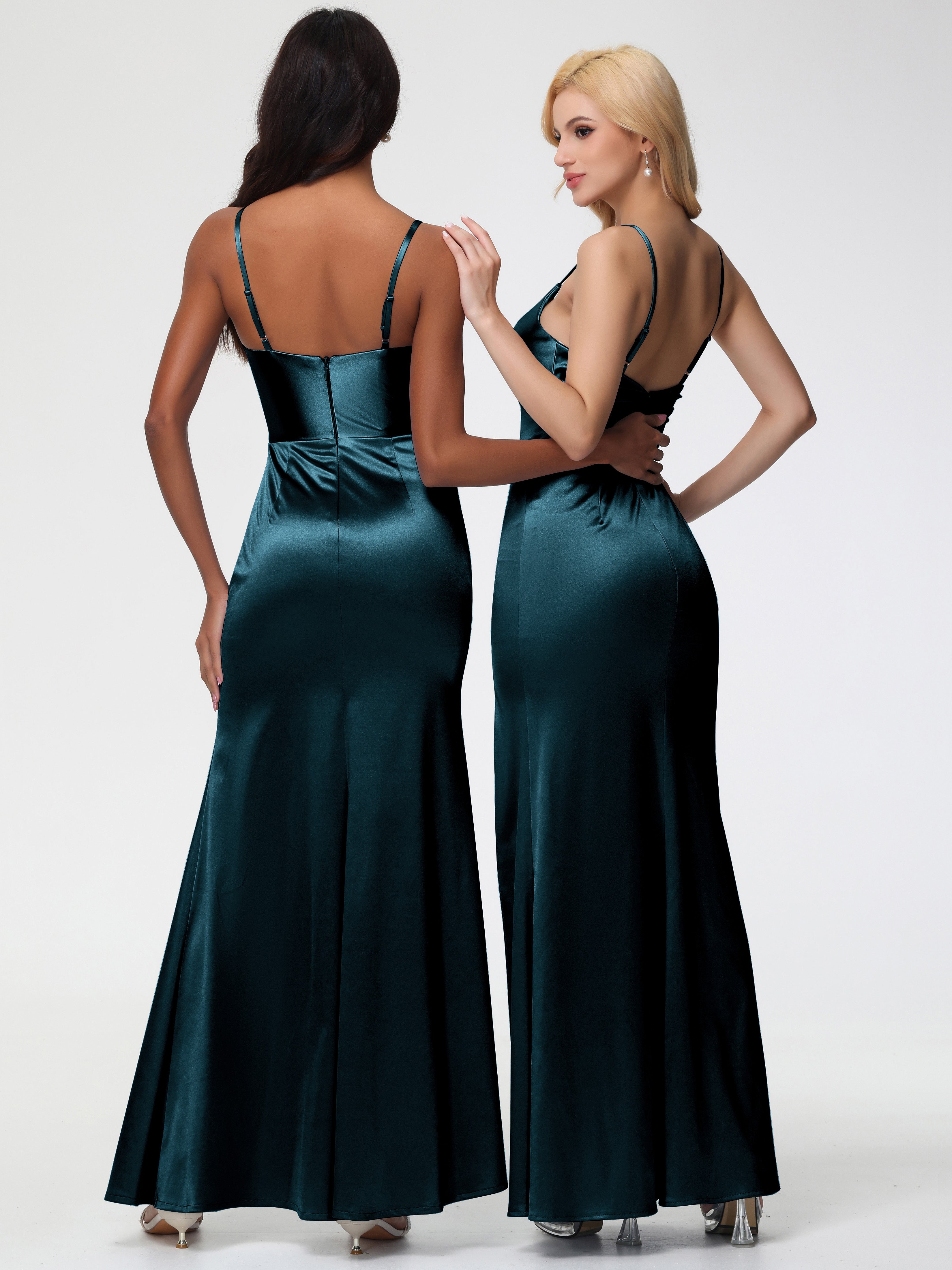 Robe Demoiselle D Honneur Bleu Paon Robe Demoiselle D'Honneur Avec Décolleté En V Longue Plissée À Fines Bretelles