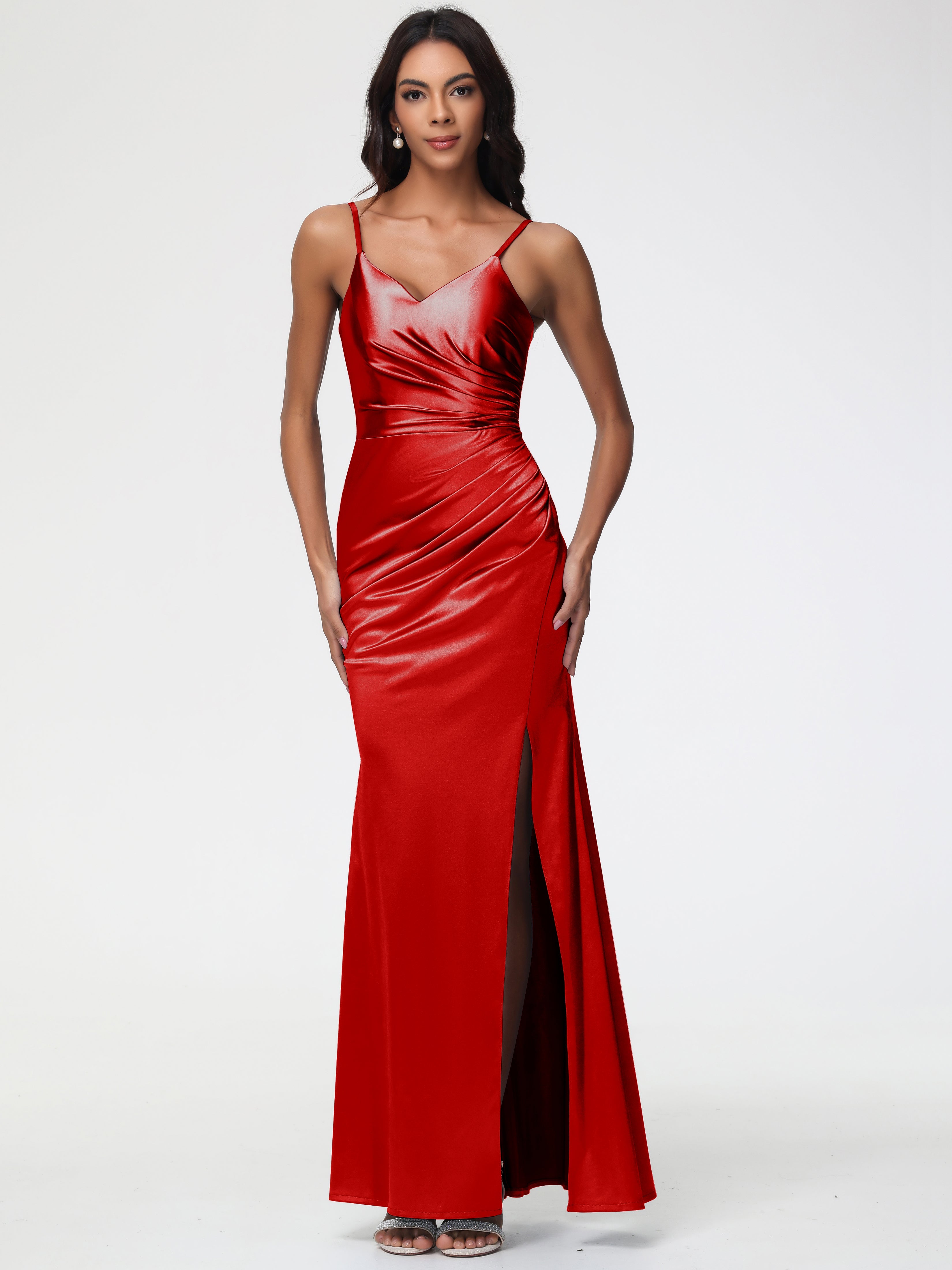 Mariage Robe Demoiselle D Honneur Rouge Robe Demoiselle D'Honneur Avec Décolleté En V Longue Plissée À Fines Bretelles