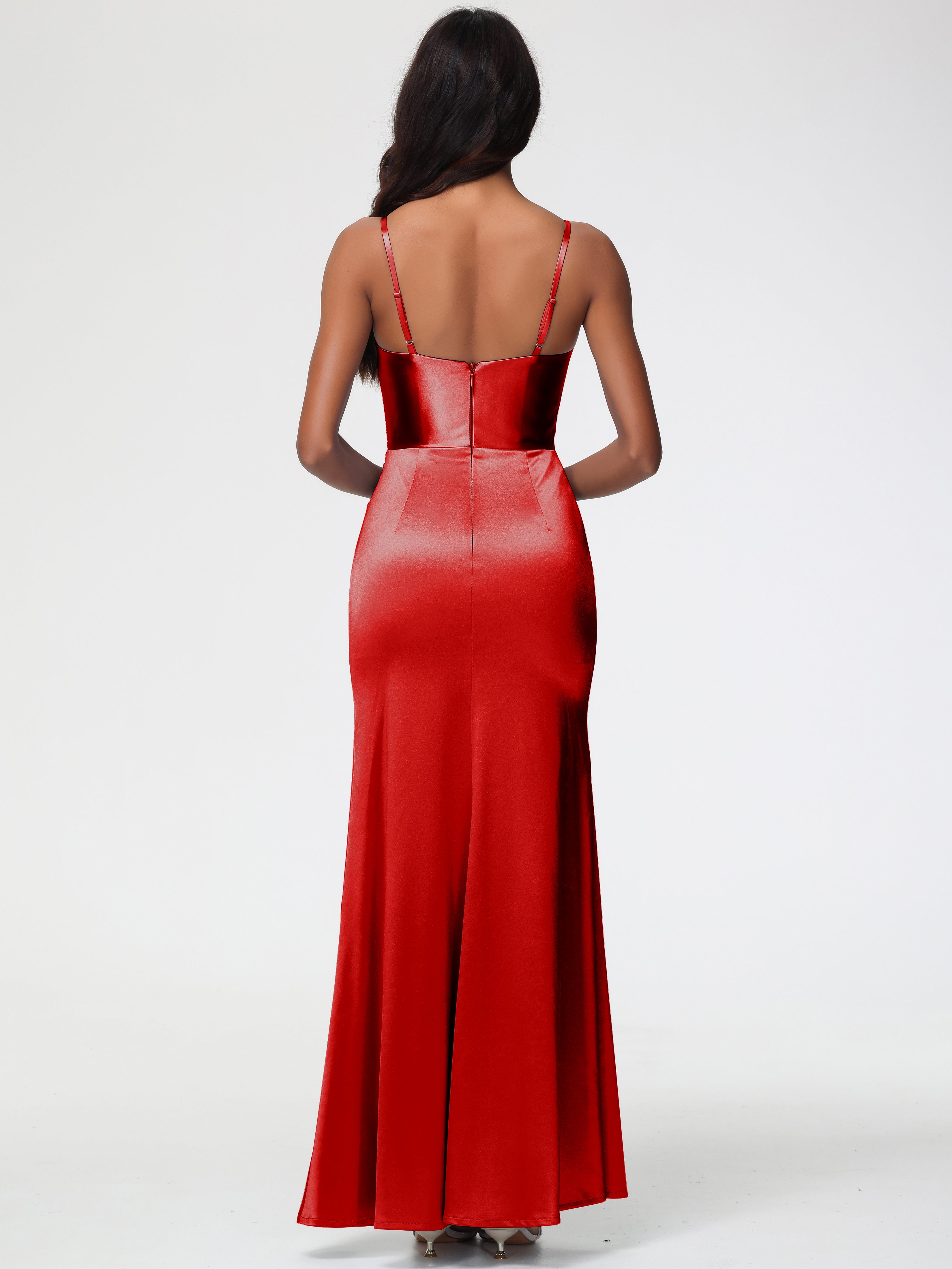 Mariage Robe Demoiselle D Honneur Rouge Robe Demoiselle D'Honneur Avec Décolleté En V Longue Plissée À Fines Bretelles