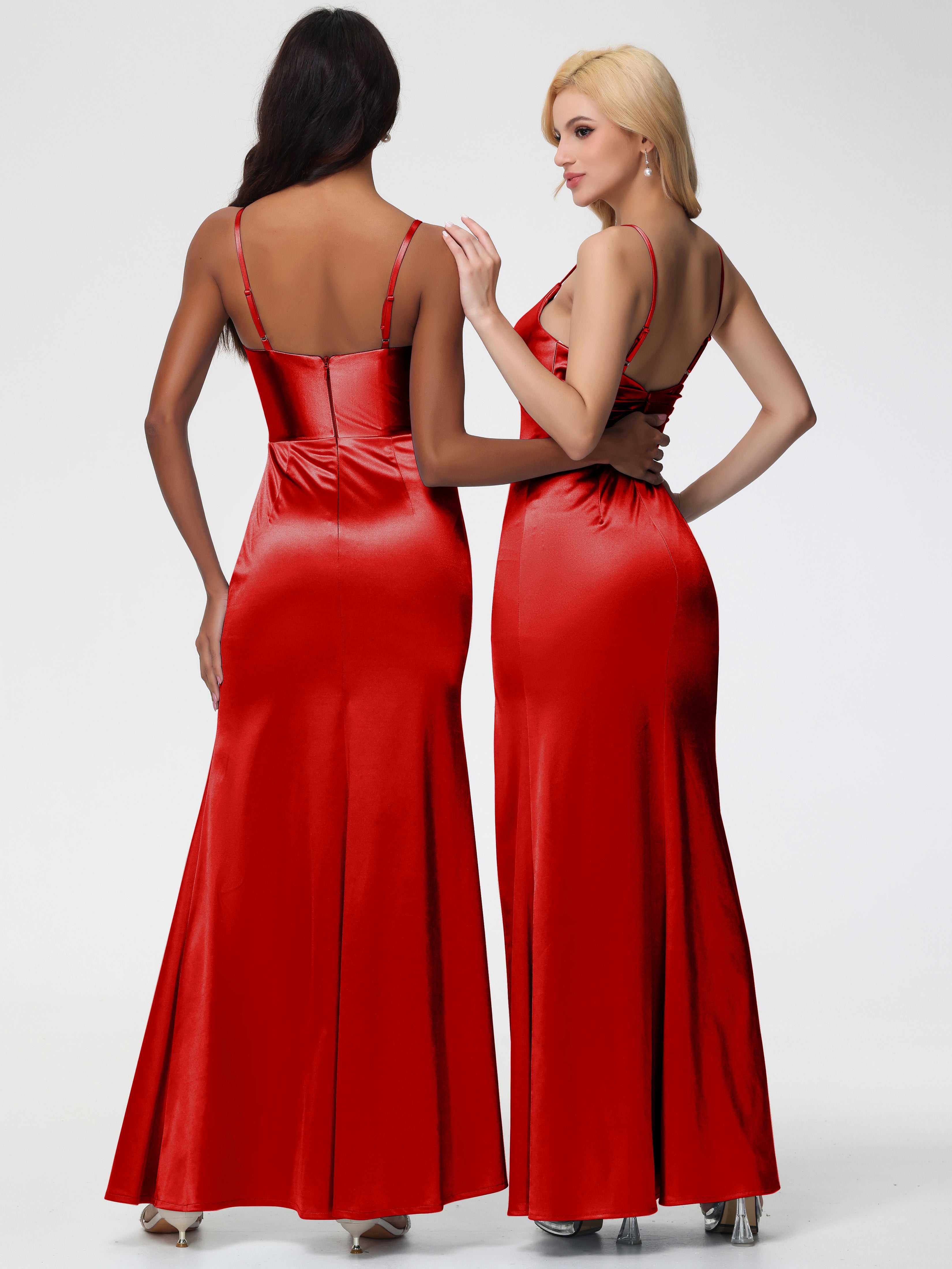 Mariage Robe Demoiselle D Honneur Rouge Robe Demoiselle D'Honneur Avec Décolleté En V Longue Plissée À Fines Bretelles