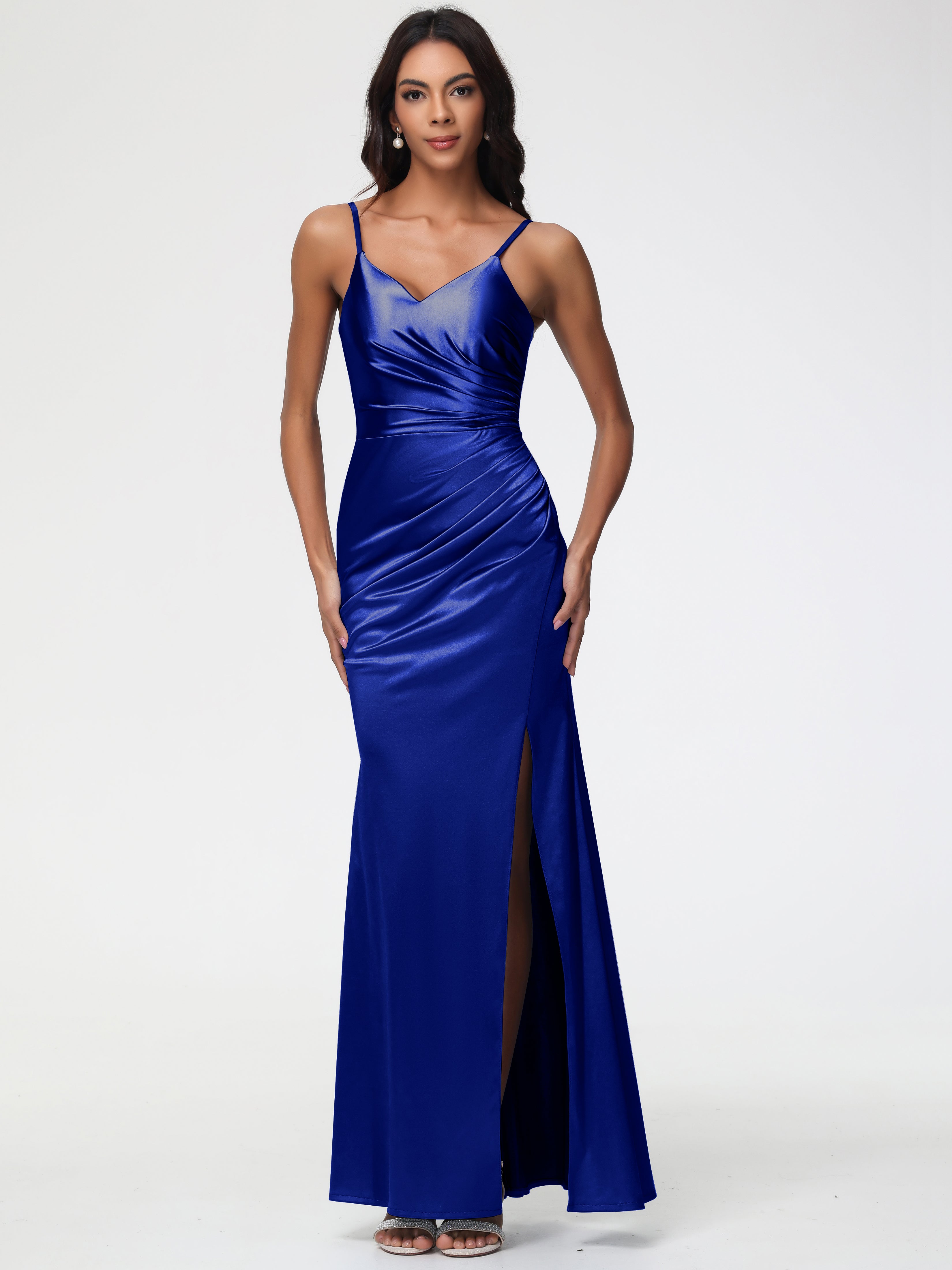 Bleu Royal Robe Demoiselle D Honneur Bleu Roi Robe Demoiselle D'Honneur Avec Décolleté En V Longue Plissée À Fines Bretelles