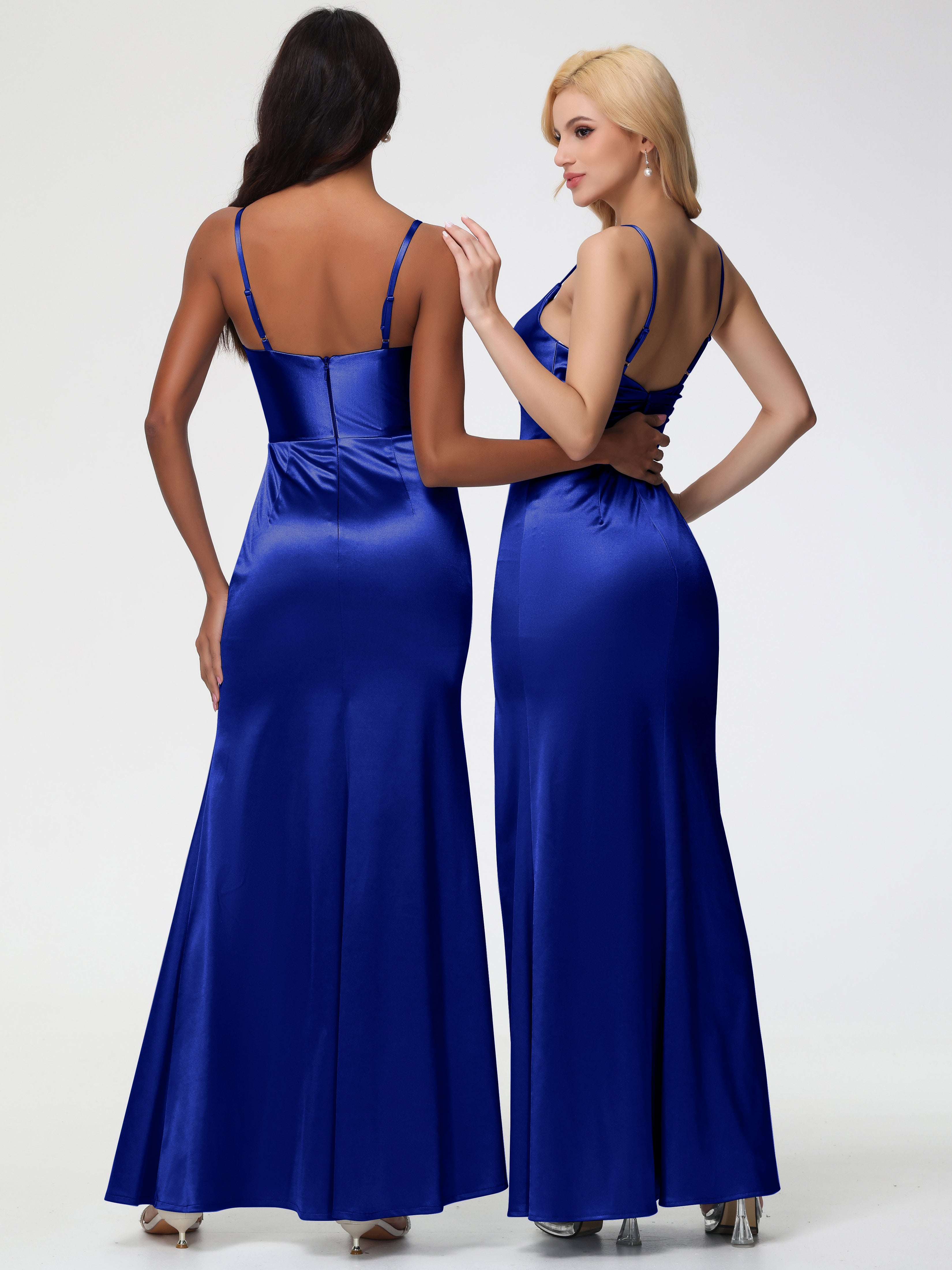 Bleu Royal Robe Demoiselle D Honneur Bleu Roi Robe Demoiselle D'Honneur Avec Décolleté En V Longue Plissée À Fines Bretelles