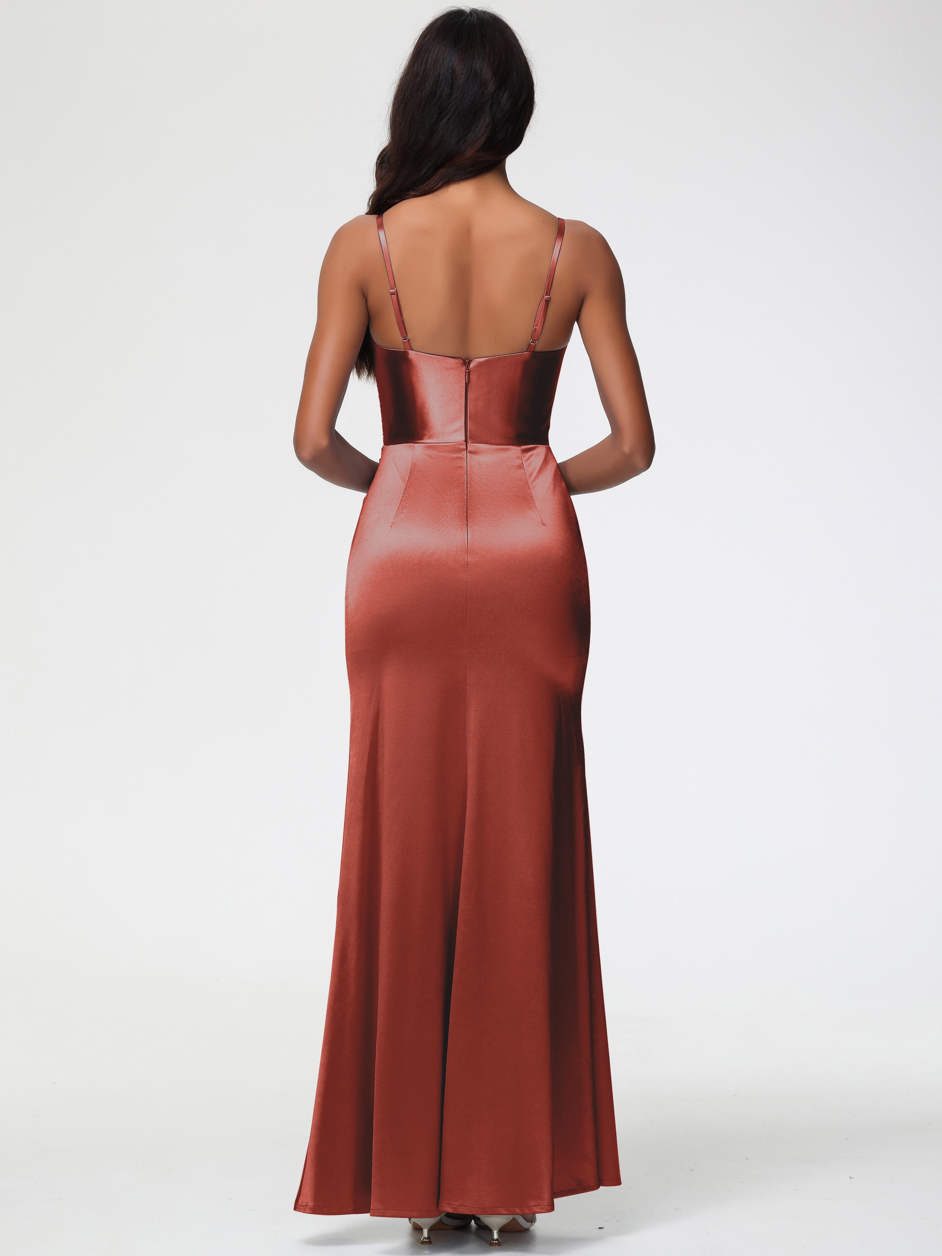 Robes De Demoiselle D'Honneur Couleur Rouille Bon Marché Robe Demoiselle D'Honneur Avec Décolleté En V Longue Plissée À Fines Bretelles