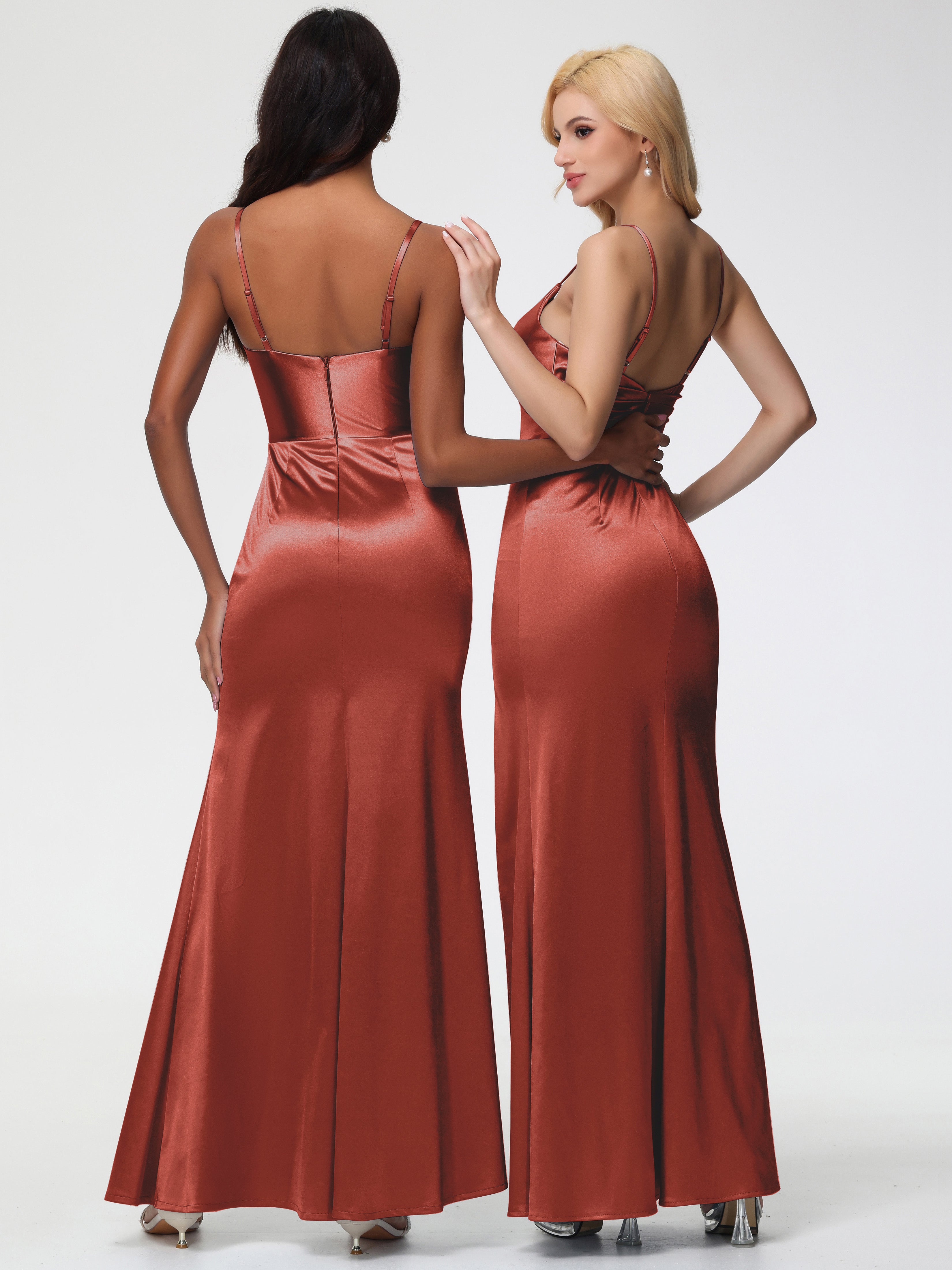 Robes De Demoiselle D'Honneur Couleur Rouille Bon Marché Robe Demoiselle D'Honneur Avec Décolleté En V Longue Plissée À Fines Bretelles
