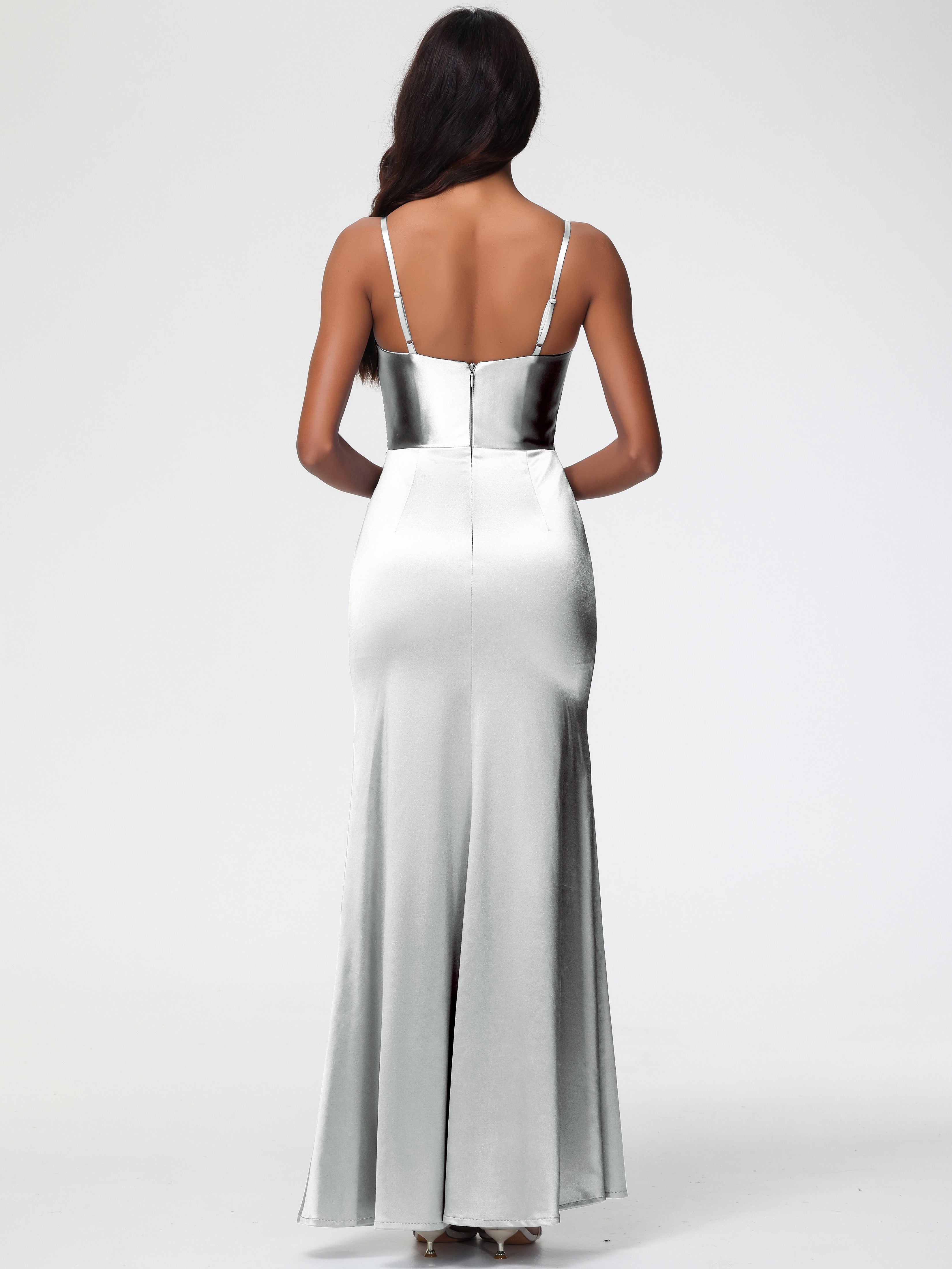 Robe Demoiselle D Honneur Argent Robe Demoiselle D'Honneur Avec Décolleté En V Longue Plissée À Fines Bretelles