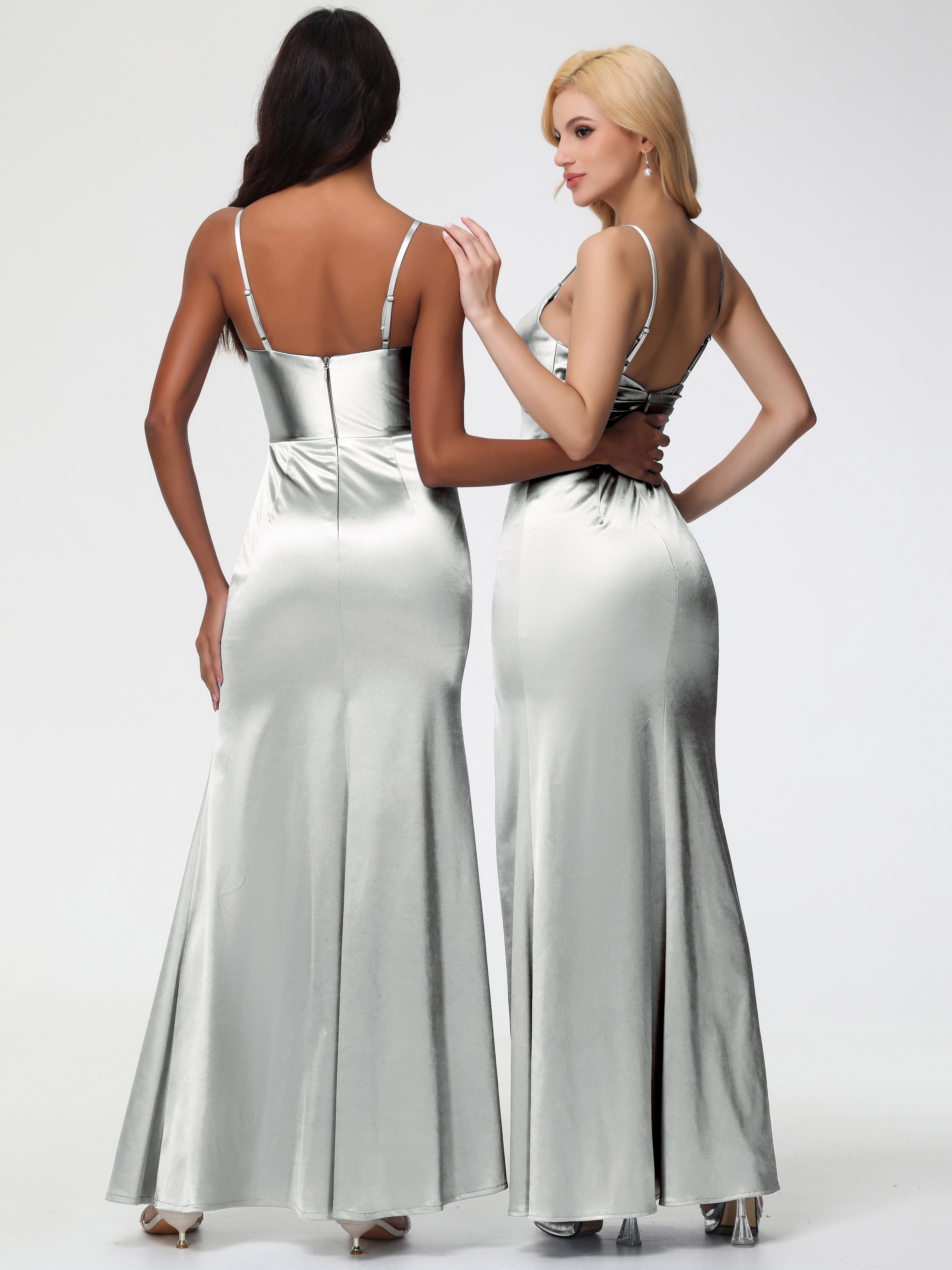 Robe Demoiselle D Honneur Argent Robe Demoiselle D'Honneur Avec Décolleté En V Longue Plissée À Fines Bretelles
