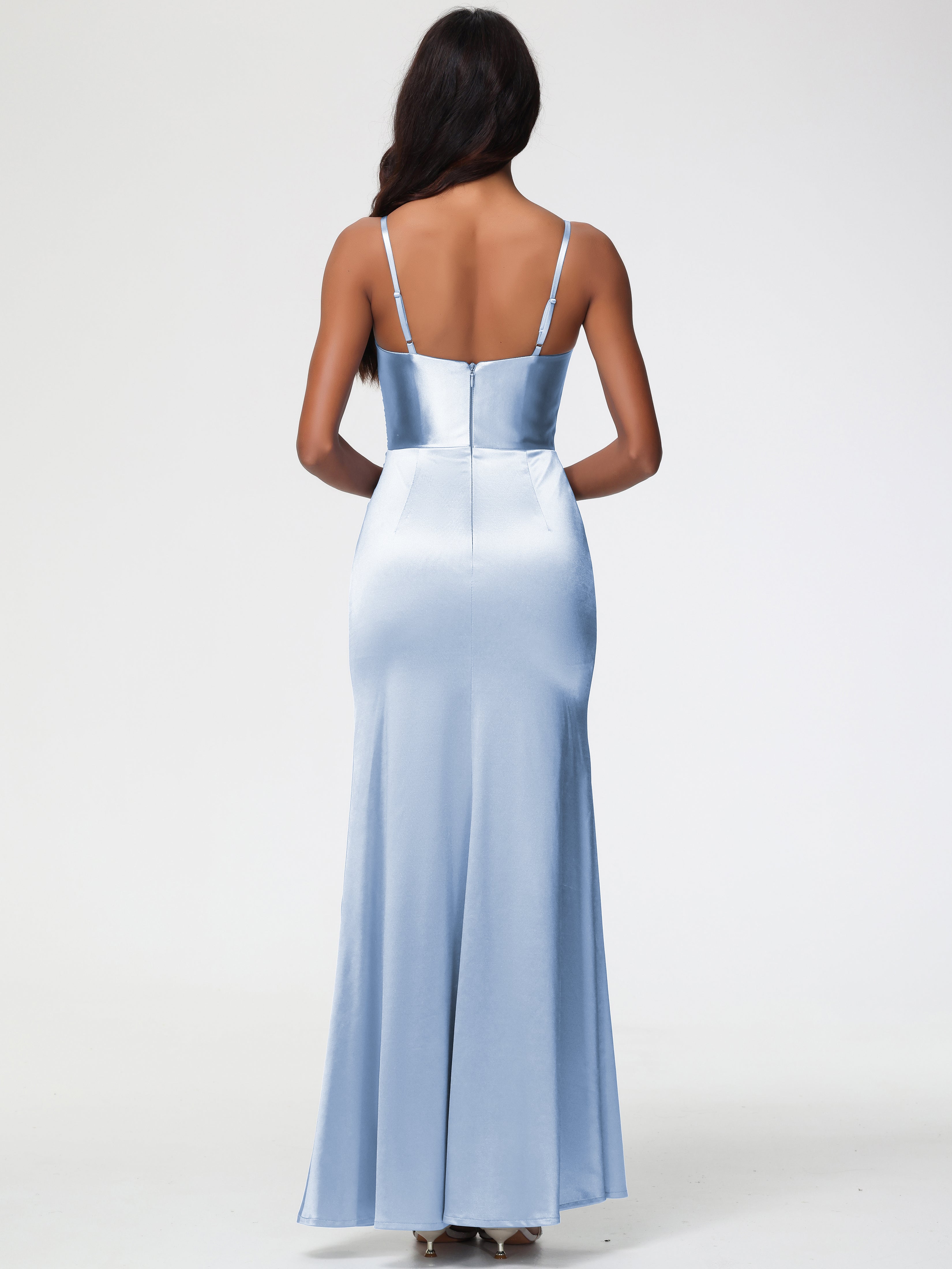 Robe Bleu Ciel Demoiselle D Honneur Robe Demoiselle D'Honneur Avec Décolleté En V Longue Plissée À Fines Bretelles