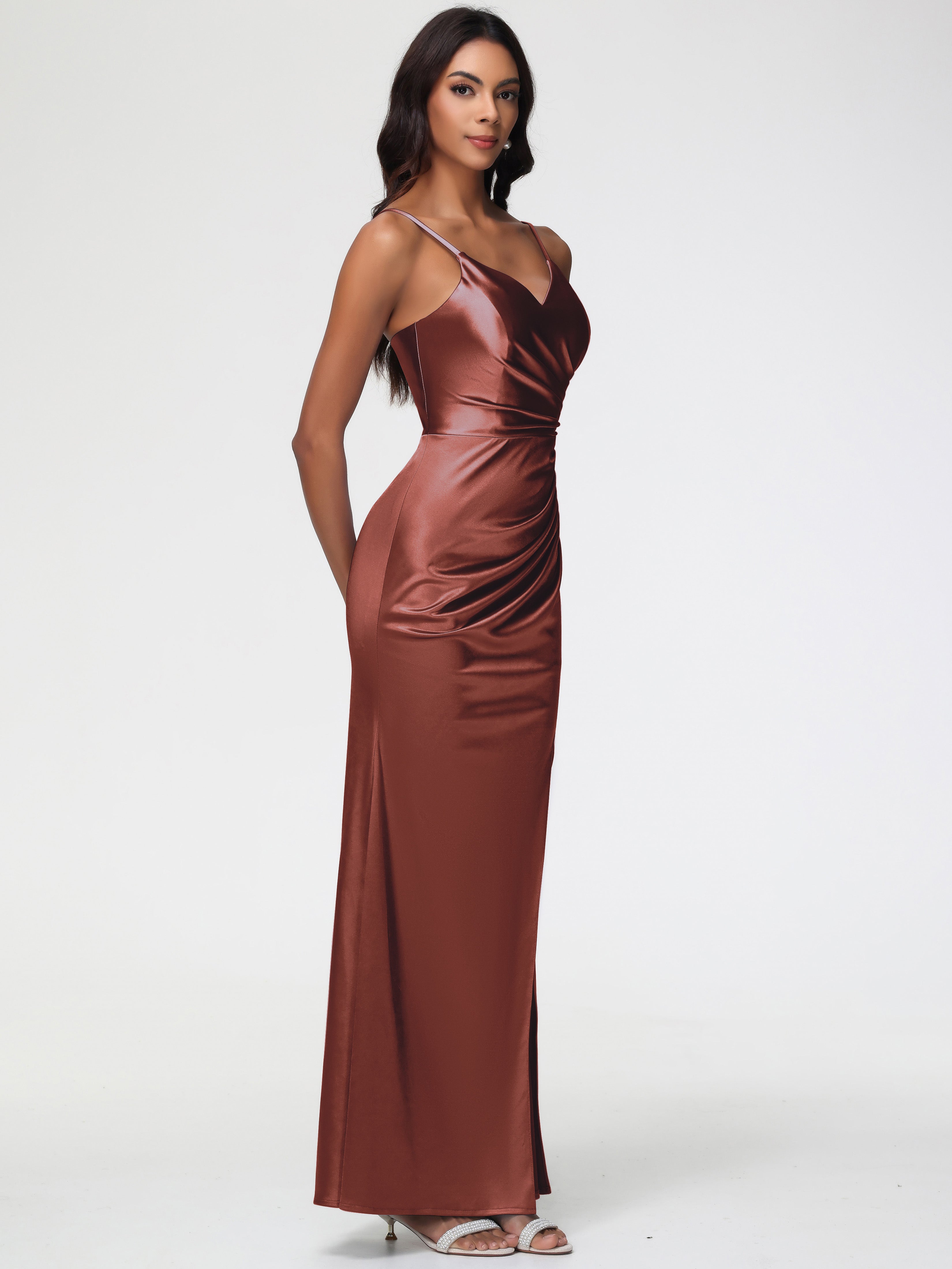 Robe Demoiselle D Honneur Terracota Robe Demoiselle D'Honneur Avec Décolleté En V Longue Plissée À Fines Bretelles