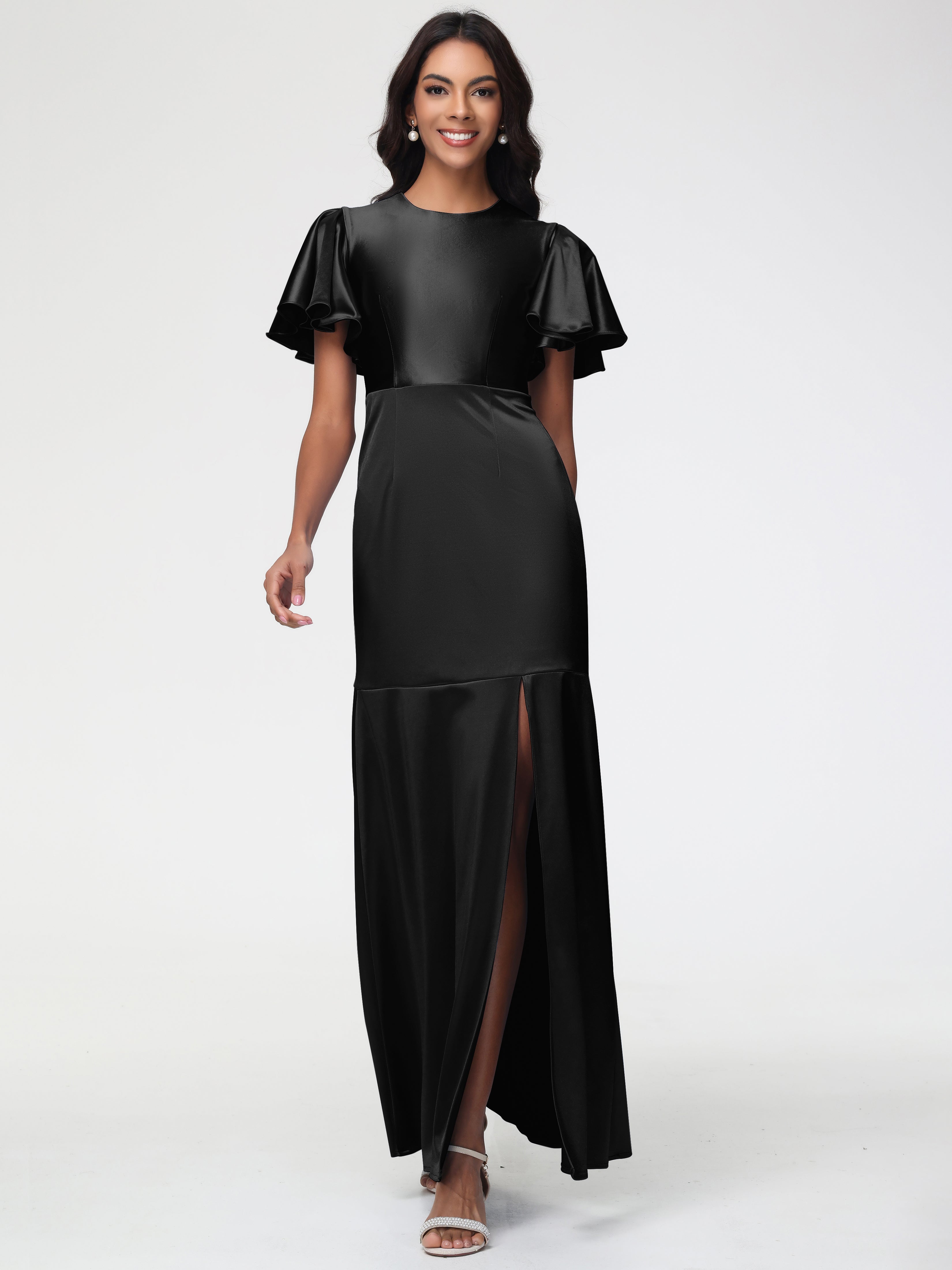 Demoiselle D Honneur Robe Noir Col Rond Mancherons À Volants Satin Extensible Robe Fourreau Demoiselle D Honneur