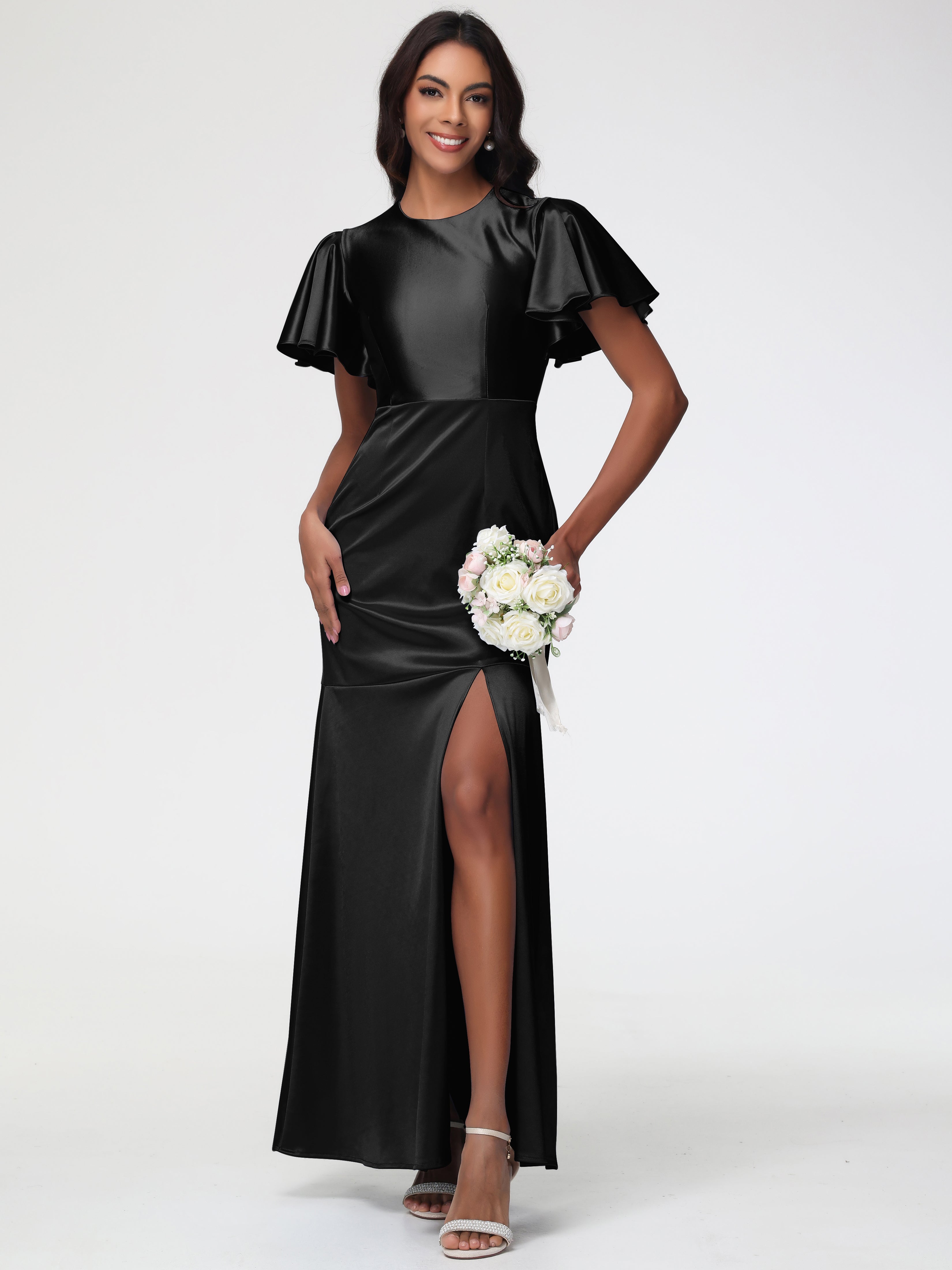 Demoiselle D Honneur Robe Noir Col Rond Mancherons À Volants Satin Extensible Robe Fourreau Demoiselle D Honneur