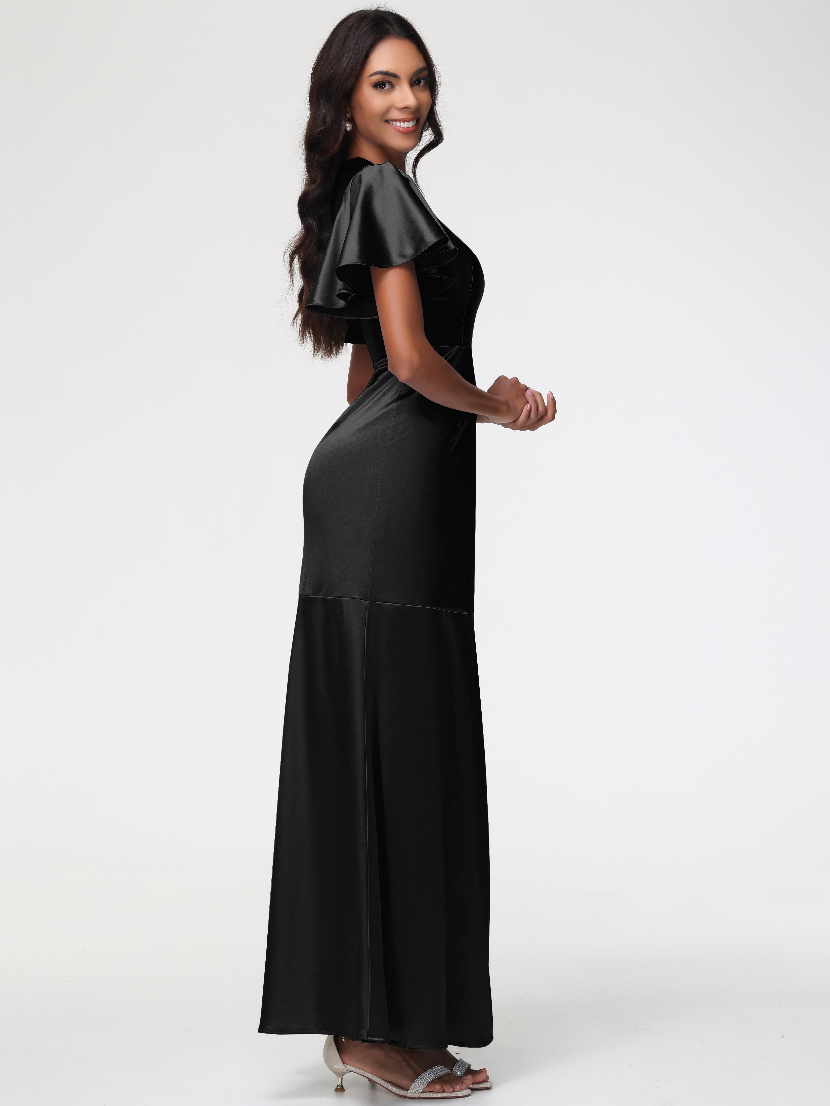 Demoiselle D Honneur Robe Noir Col Rond Mancherons À Volants Satin Extensible Robe Fourreau Demoiselle D Honneur