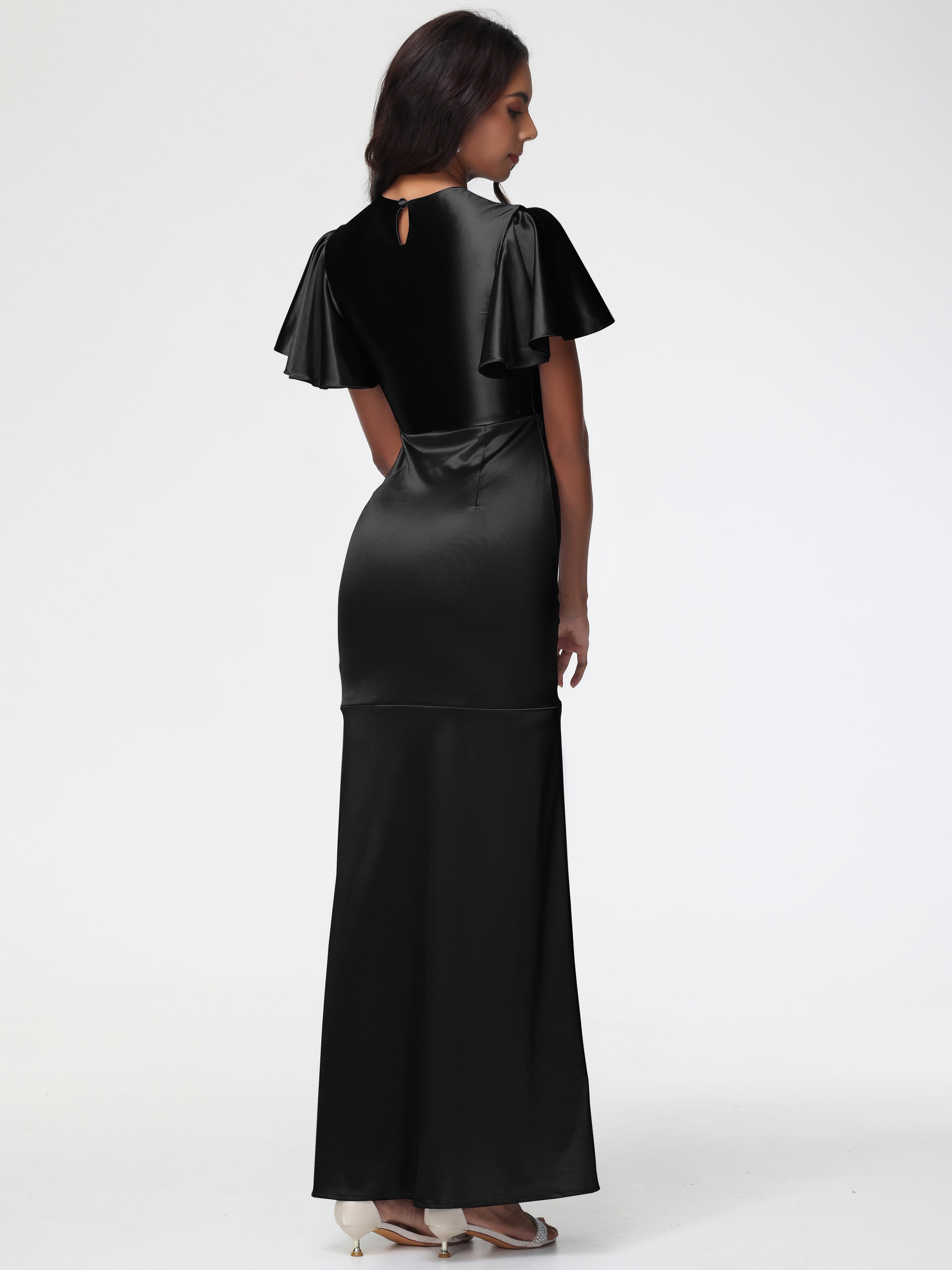 Demoiselle D Honneur Robe Noir Col Rond Mancherons À Volants Satin Extensible Robe Fourreau Demoiselle D Honneur