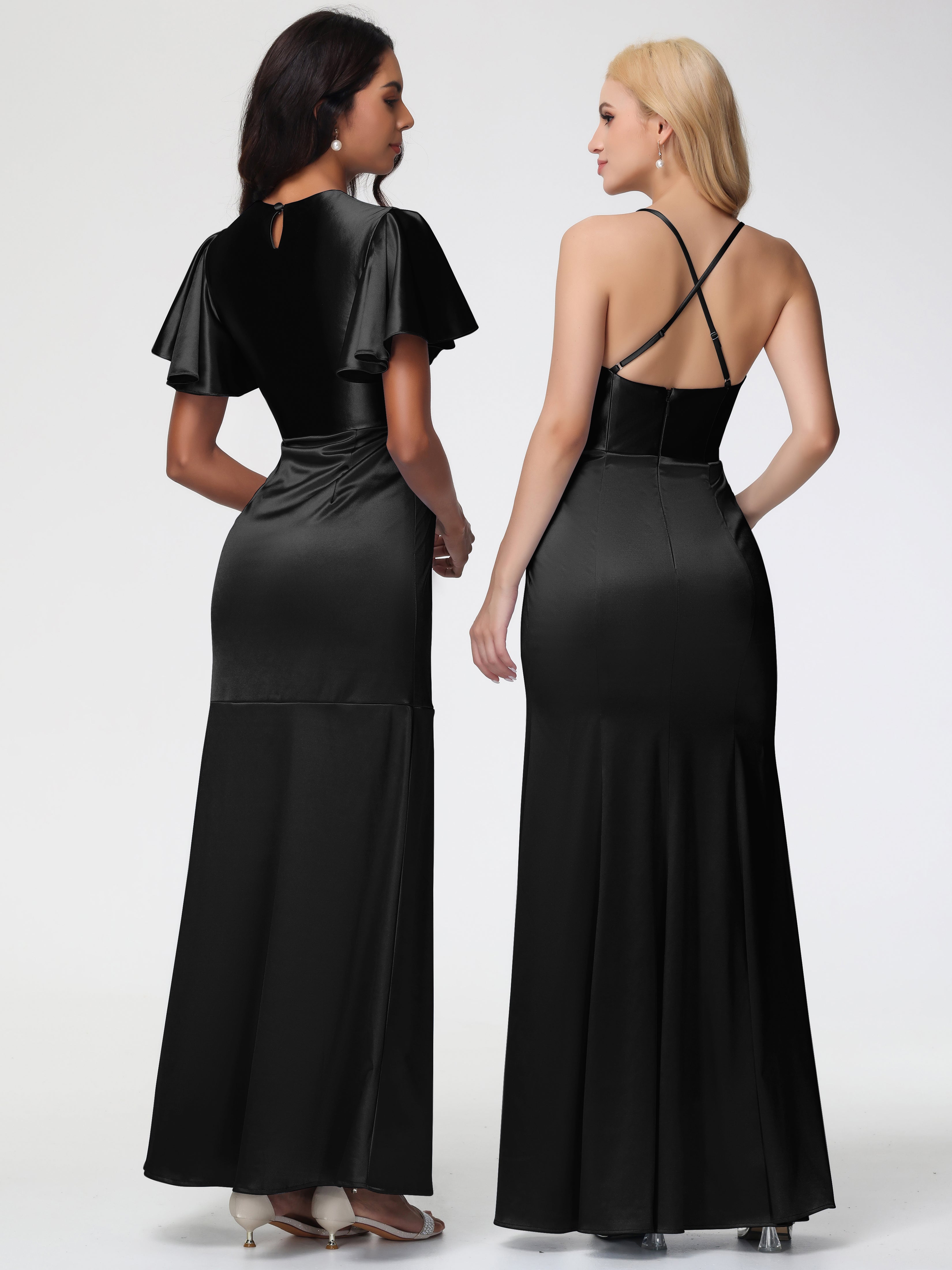 Demoiselle D Honneur Robe Noir Col Rond Mancherons À Volants Satin Extensible Robe Fourreau Demoiselle D Honneur