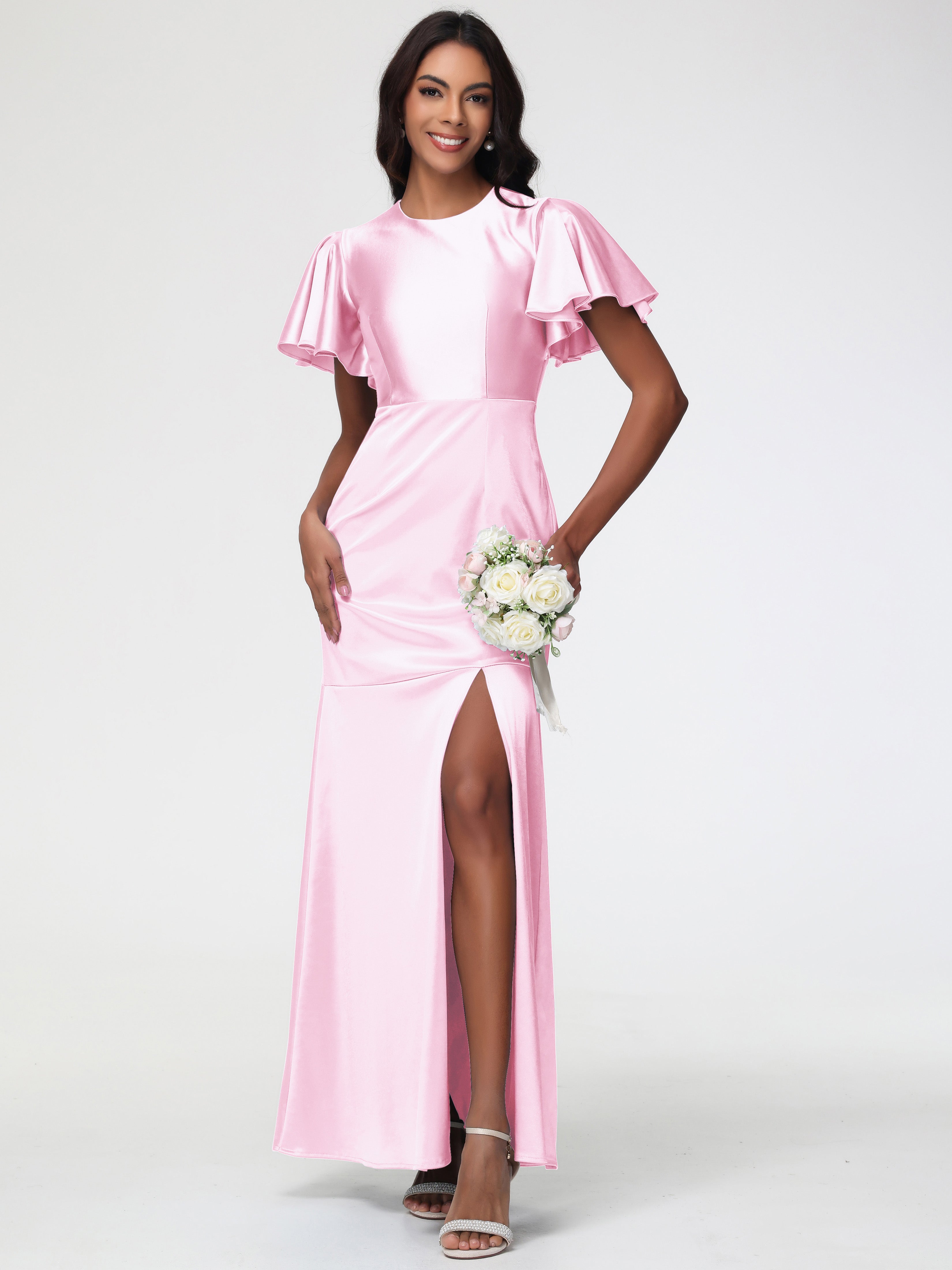 Demoiselle D Honneur Robe Rose Pale Col Rond Mancherons À Volants Satin Extensible Robe Fourreau Demoiselle D Honneur