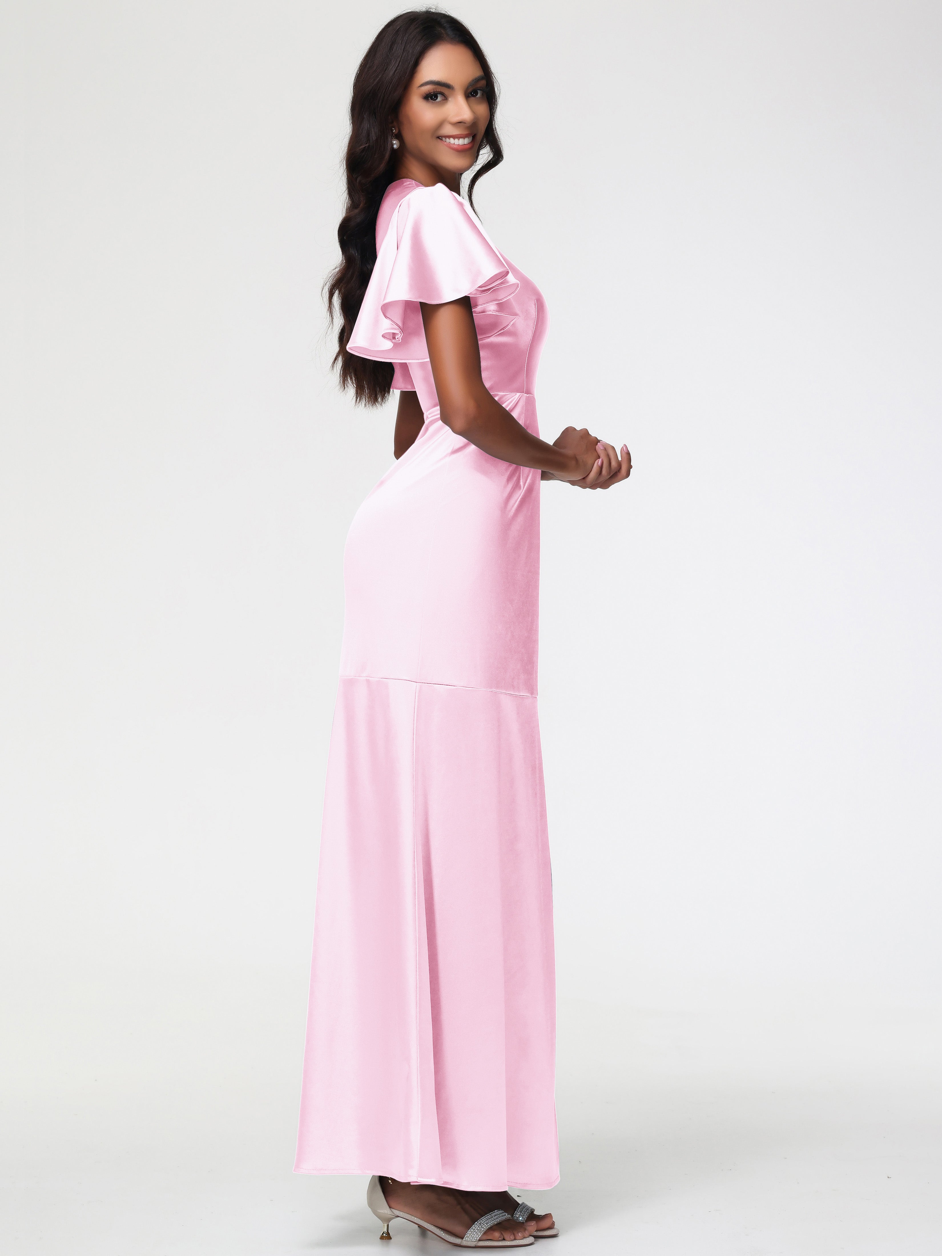 Demoiselle D Honneur Robe Rose Pale Col Rond Mancherons À Volants Satin Extensible Robe Fourreau Demoiselle D Honneur