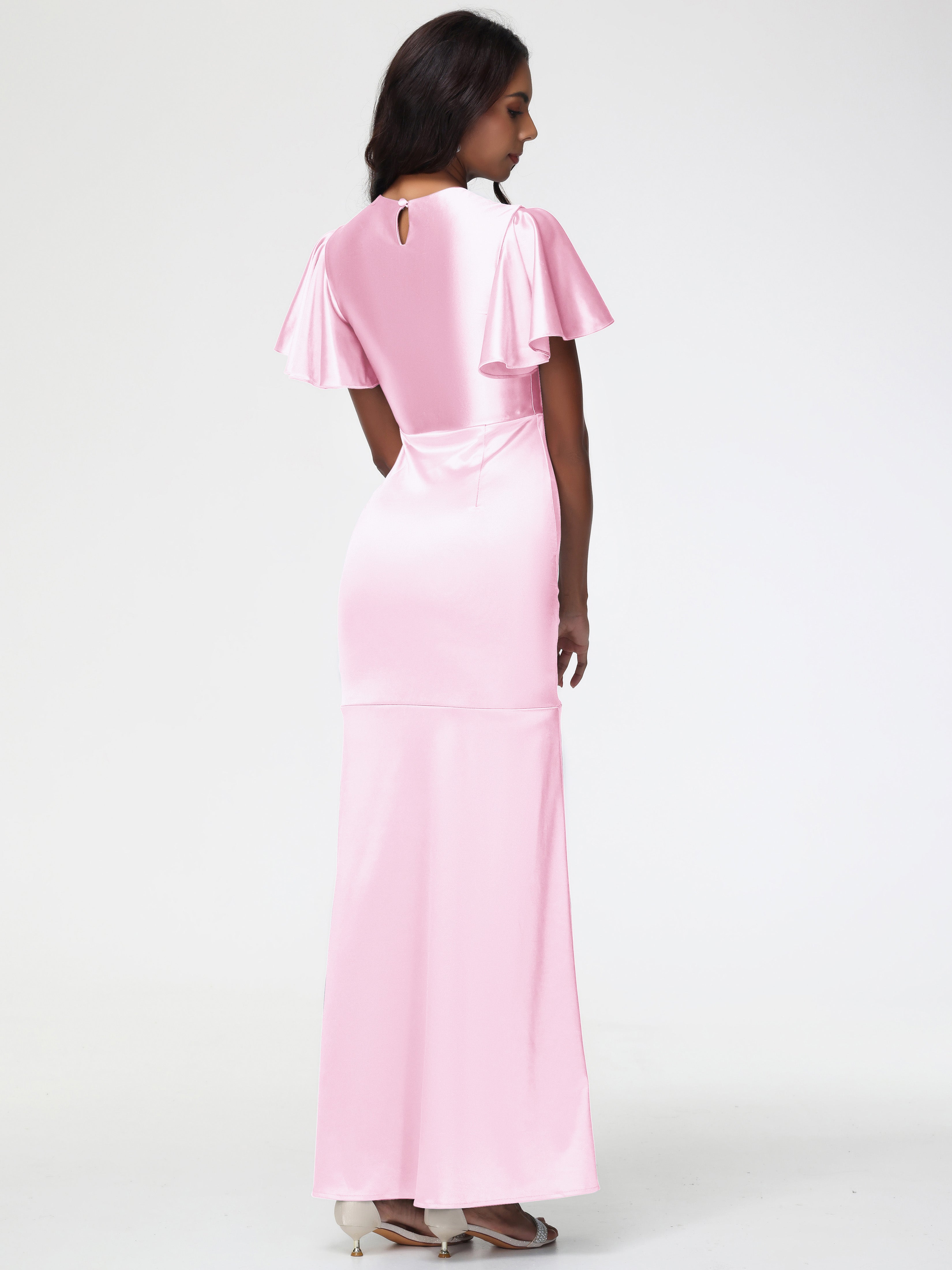 Demoiselle D Honneur Robe Rose Pale Col Rond Mancherons À Volants Satin Extensible Robe Fourreau Demoiselle D Honneur