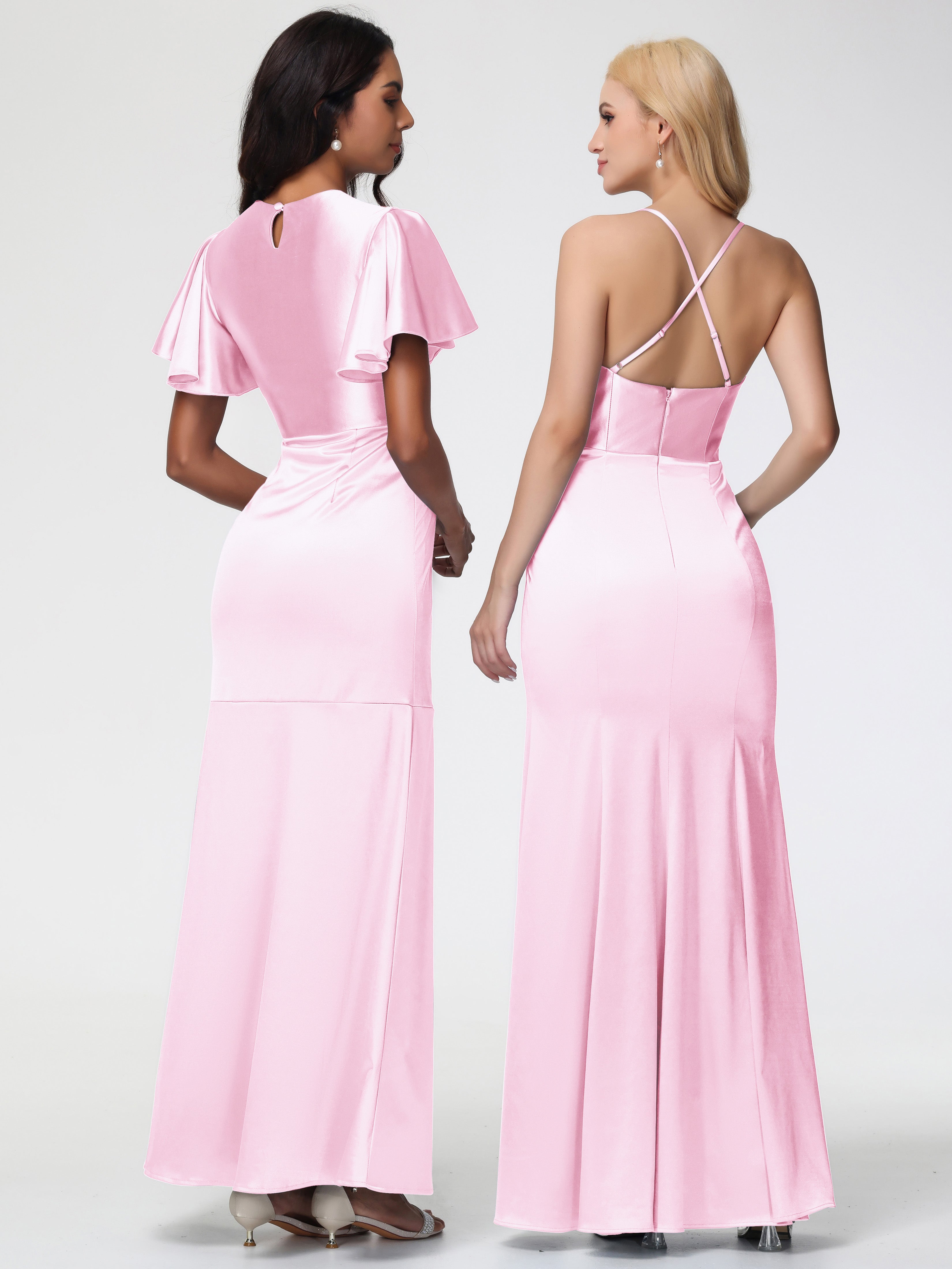 Demoiselle D Honneur Robe Rose Pale Col Rond Mancherons À Volants Satin Extensible Robe Fourreau Demoiselle D Honneur