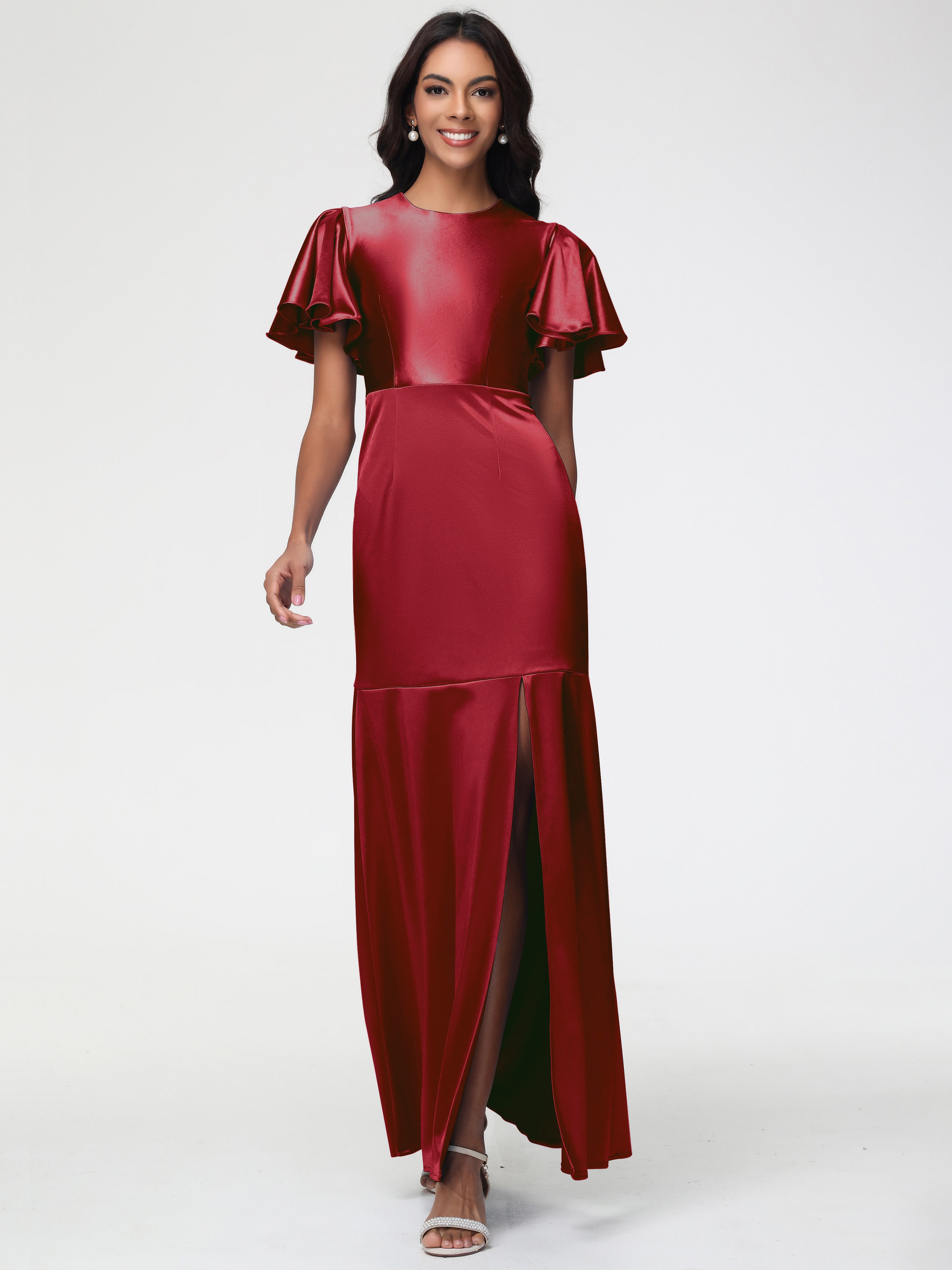 Demoiselle D Honneur Bordeaux Col Rond Mancherons À Volants Satin Extensible Robe Fourreau Demoiselle D Honneur