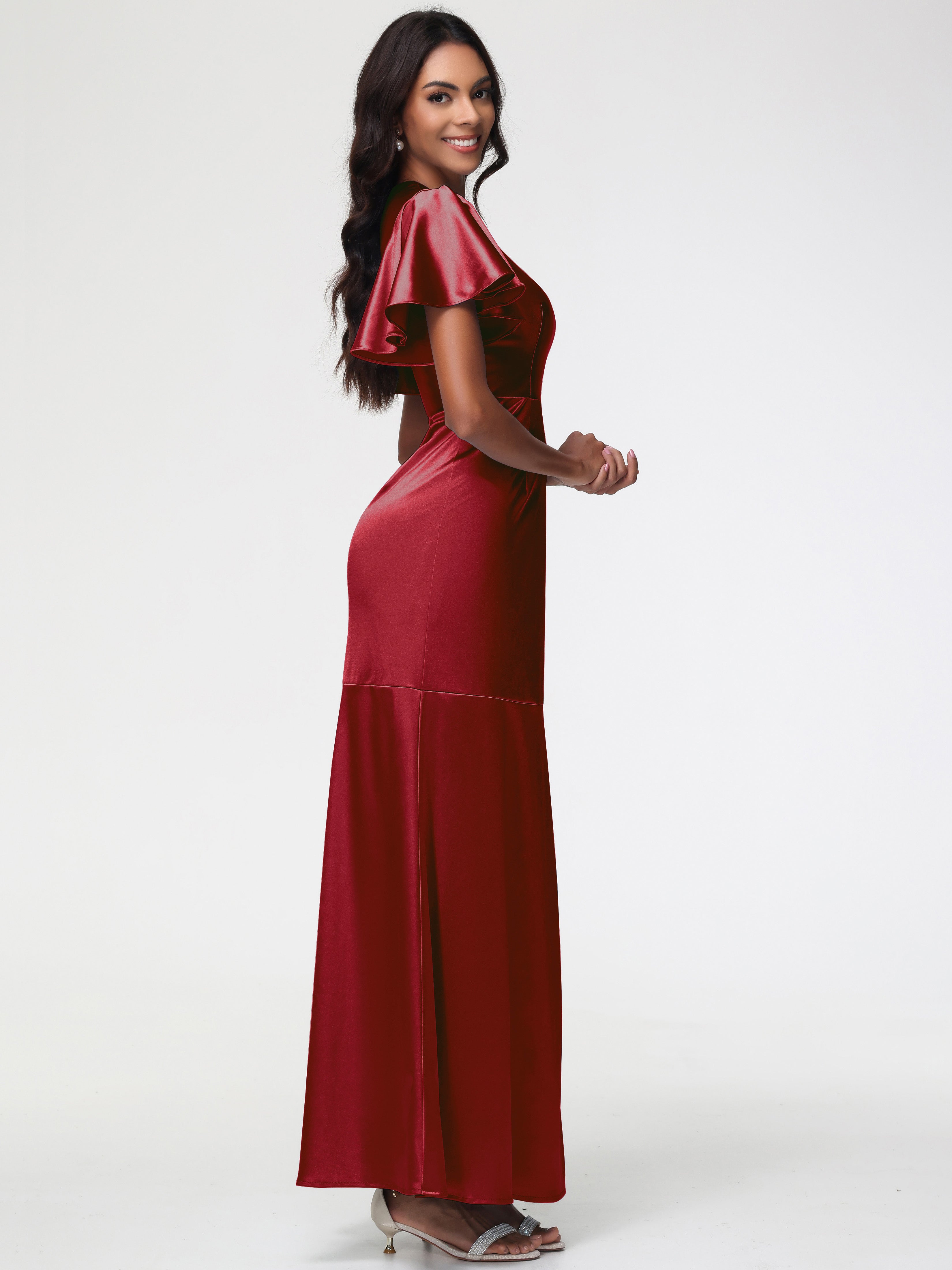 Demoiselle D Honneur Bordeaux Col Rond Mancherons À Volants Satin Extensible Robe Fourreau Demoiselle D Honneur