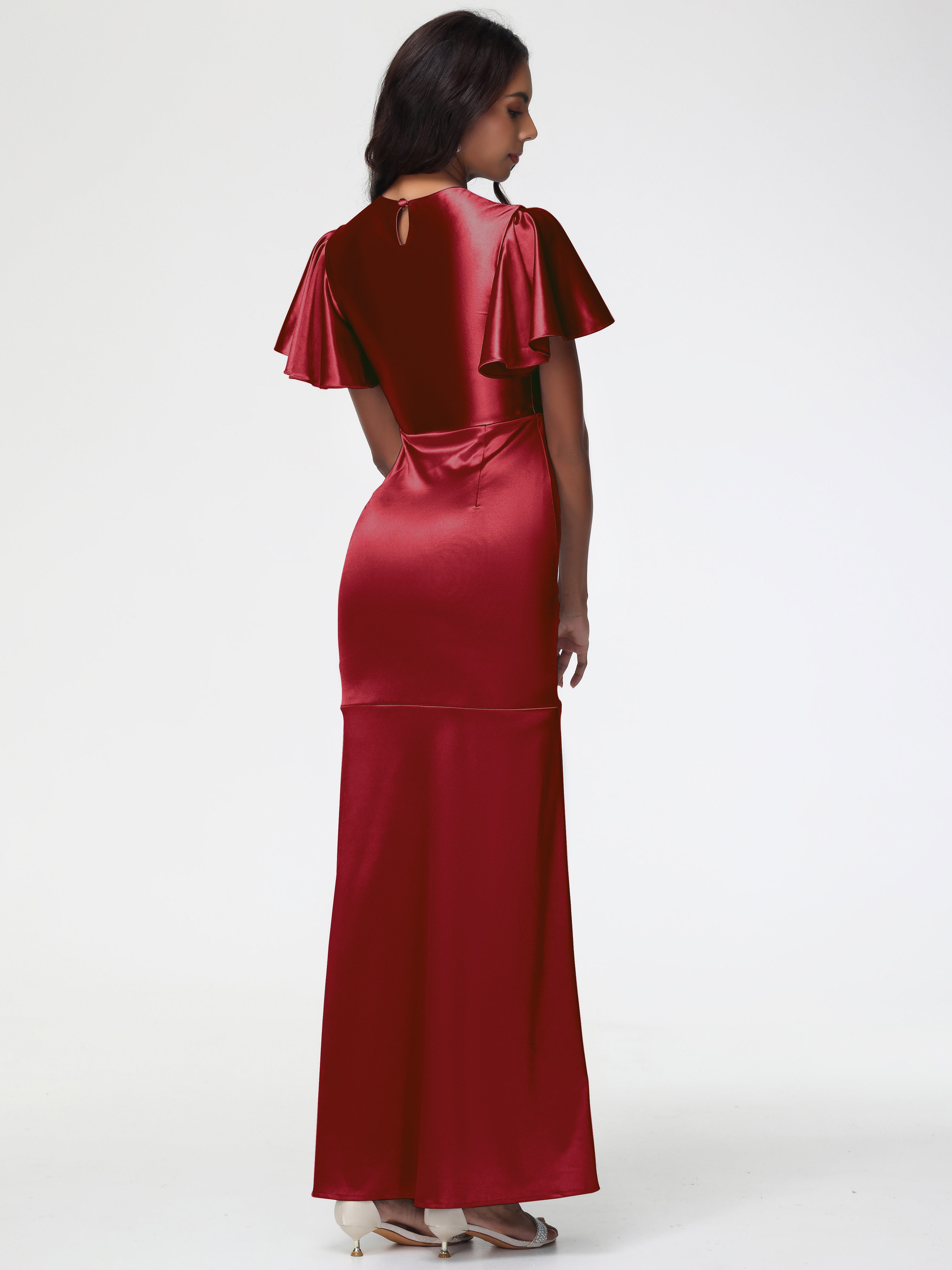 Demoiselle D Honneur Bordeaux Col Rond Mancherons À Volants Satin Extensible Robe Fourreau Demoiselle D Honneur