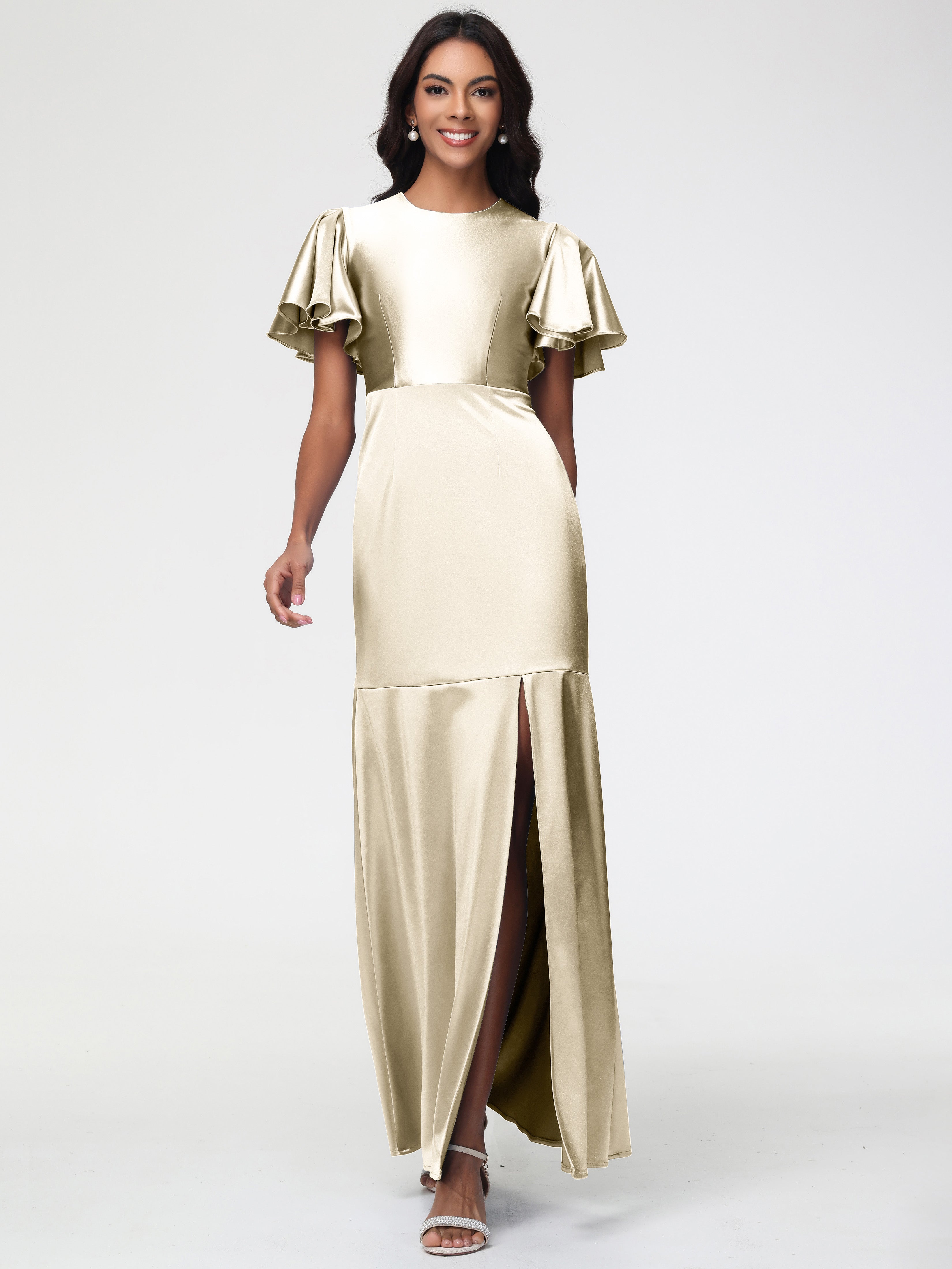 Robe De Demoiselle D Honneur Couleur Champagne Col Rond Mancherons À Volants Satin Extensible Robe Fourreau Demoiselle D Honneur