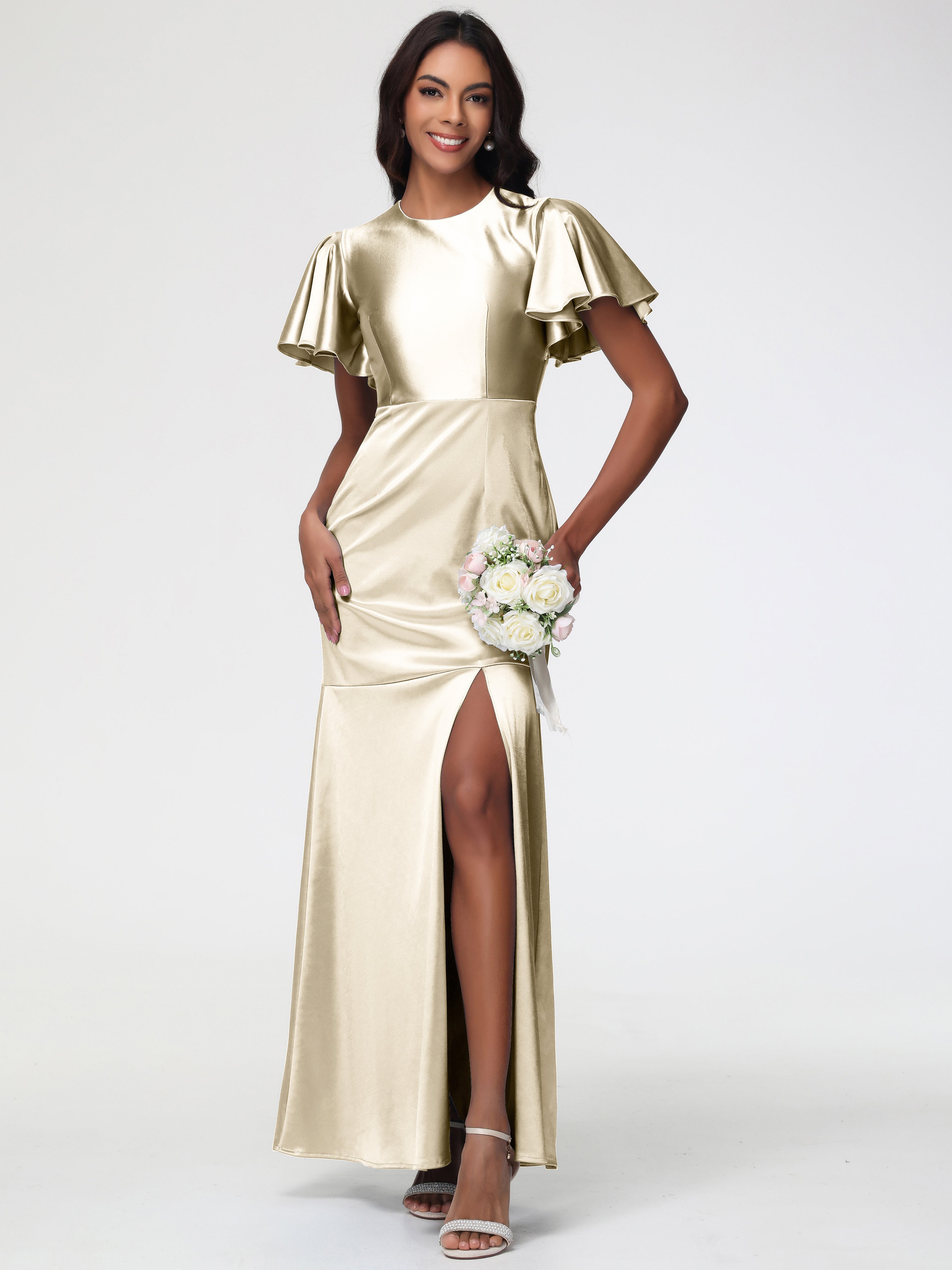 Robe De Demoiselle D Honneur Couleur Champagne Col Rond Mancherons À Volants Satin Extensible Robe Fourreau Demoiselle D Honneur