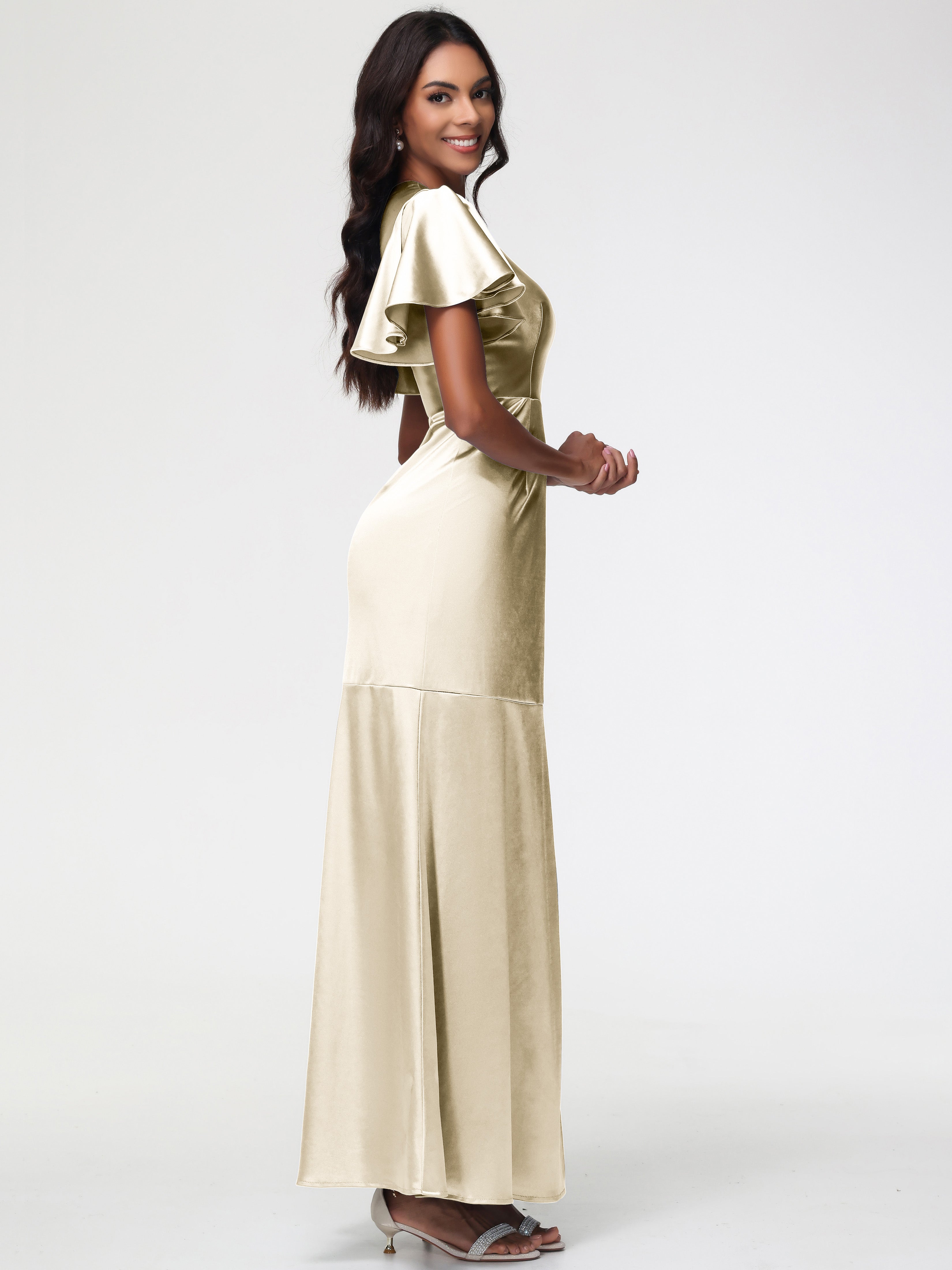 Robe De Demoiselle D Honneur Couleur Champagne Col Rond Mancherons À Volants Satin Extensible Robe Fourreau Demoiselle D Honneur