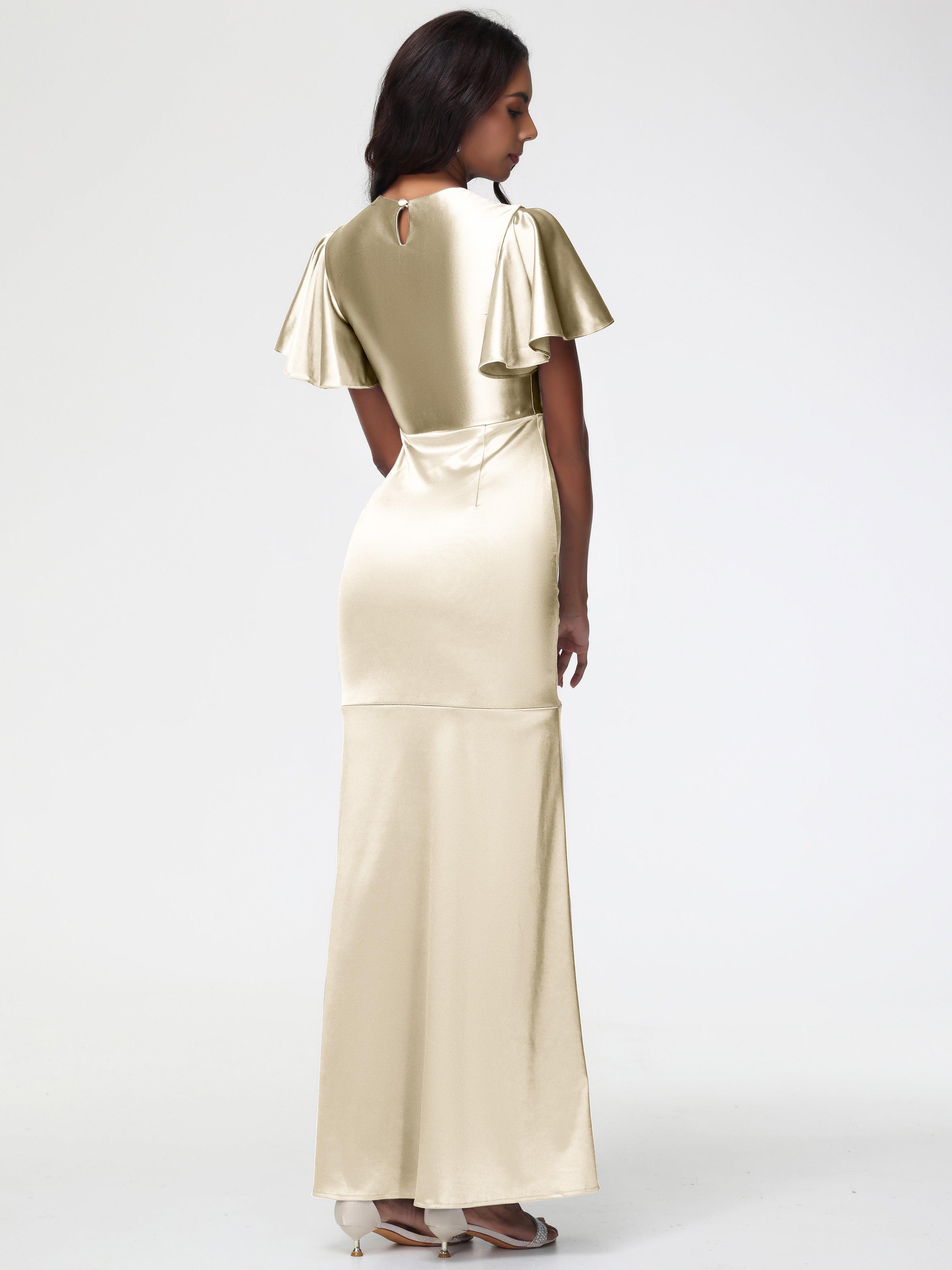 Robe De Demoiselle D Honneur Couleur Champagne Col Rond Mancherons À Volants Satin Extensible Robe Fourreau Demoiselle D Honneur