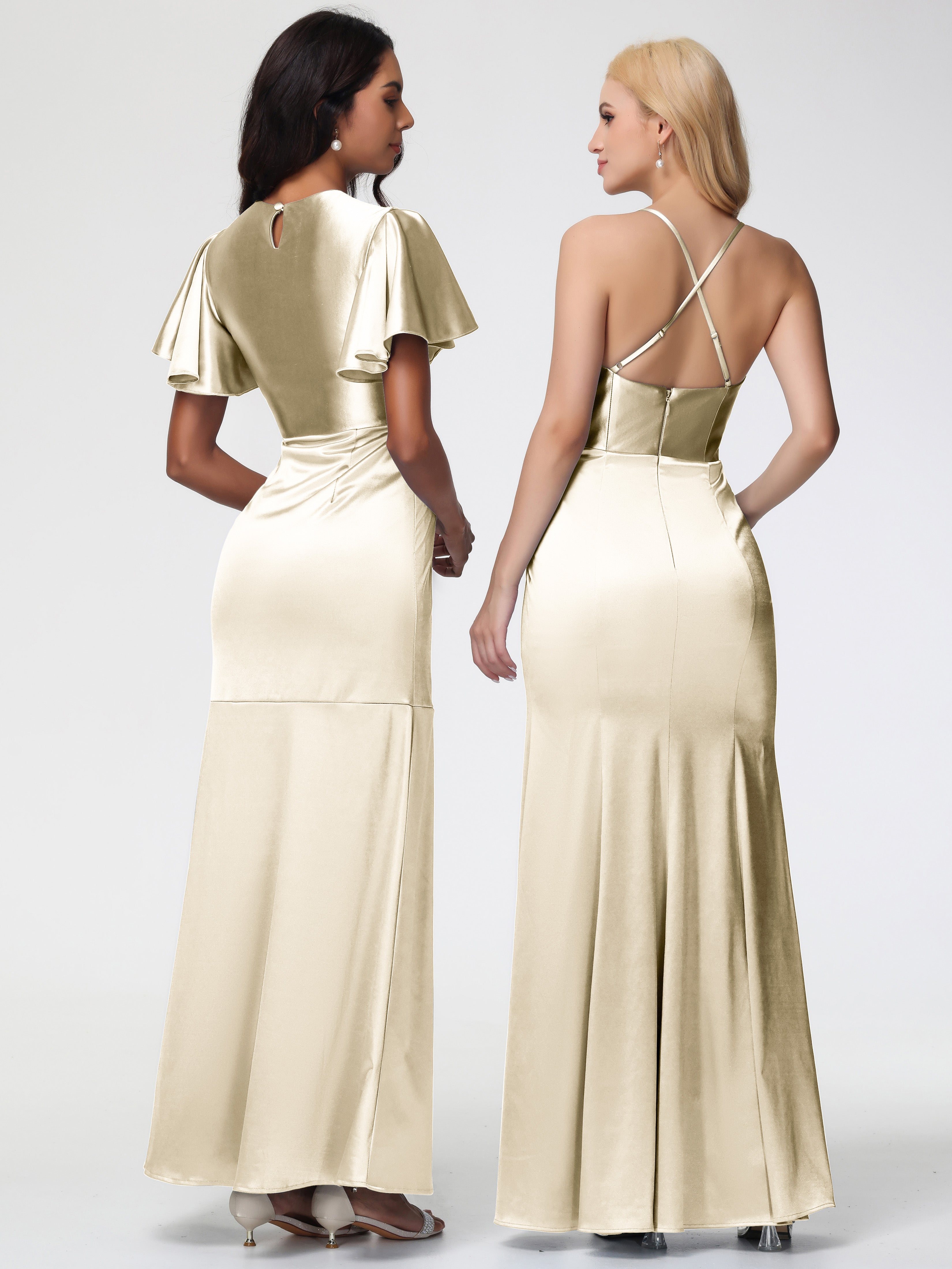 Robe De Demoiselle D Honneur Couleur Champagne Col Rond Mancherons À Volants Satin Extensible Robe Fourreau Demoiselle D Honneur