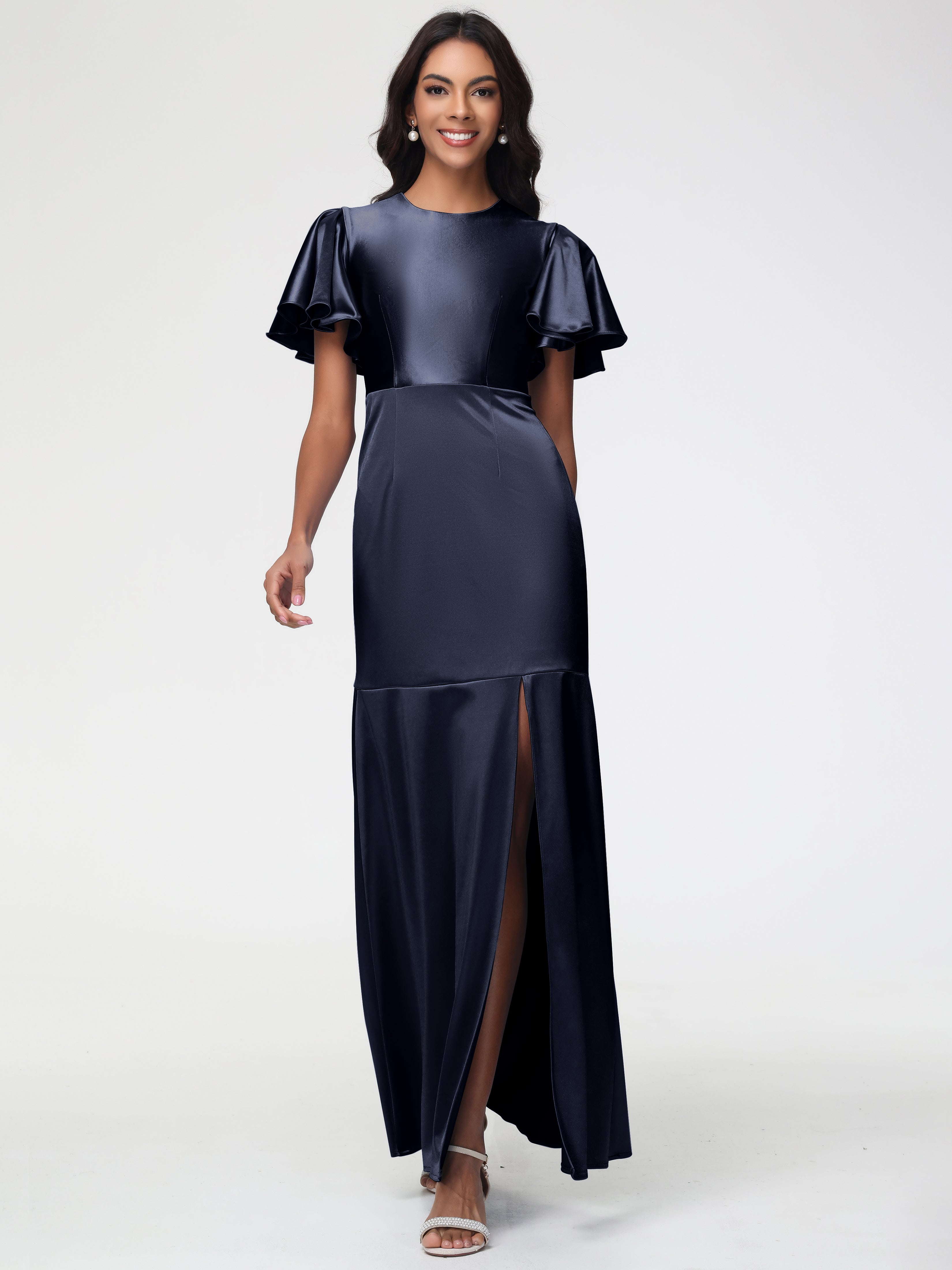 Robes De Demoiselle D'Honneur Bleu Marine Modestes Col Rond Mancherons À Volants Satin Extensible Robe Fourreau Demoiselle D Honneur