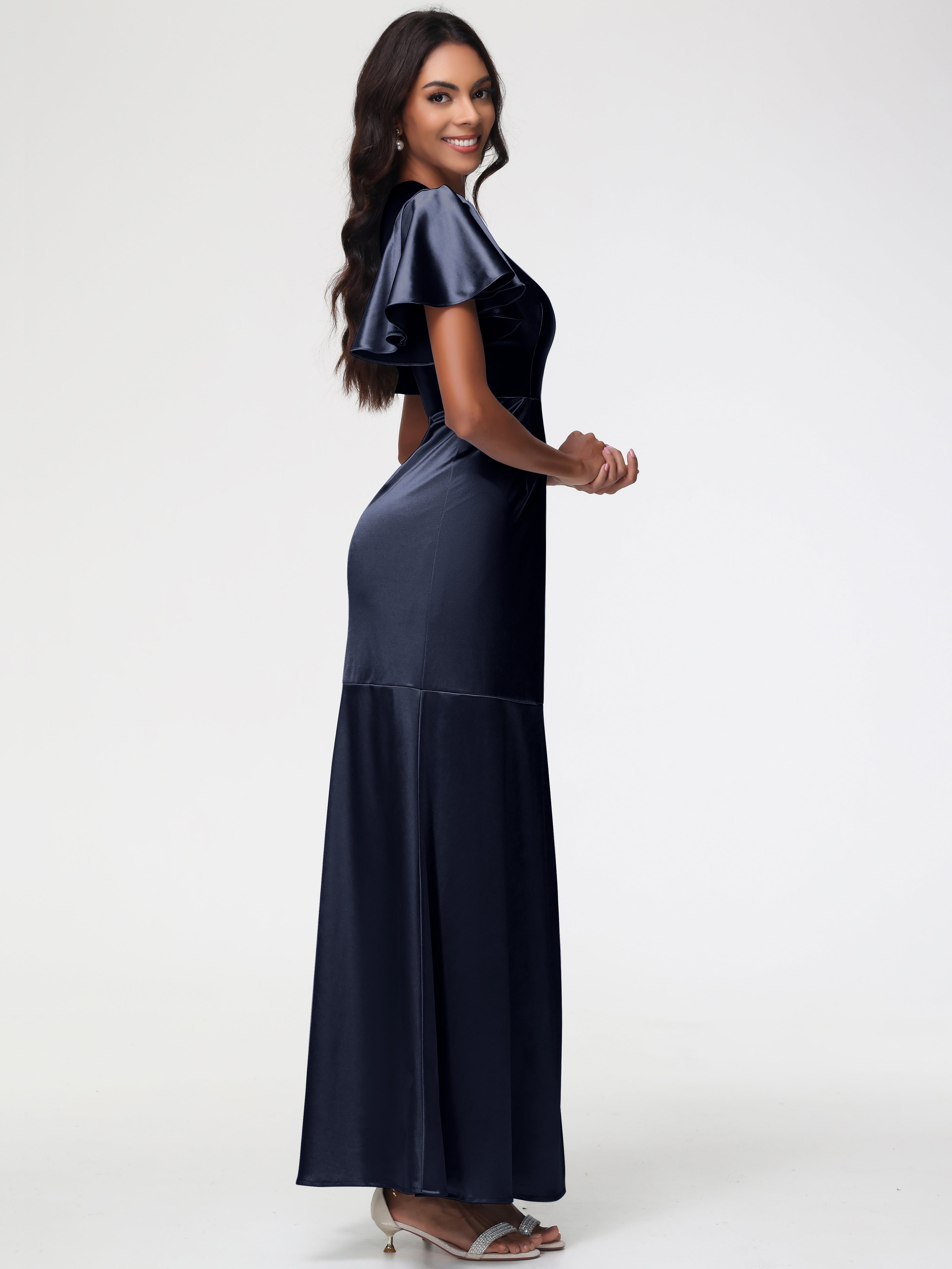 Robes De Demoiselle D'Honneur Bleu Marine Modestes Col Rond Mancherons À Volants Satin Extensible Robe Fourreau Demoiselle D Honneur