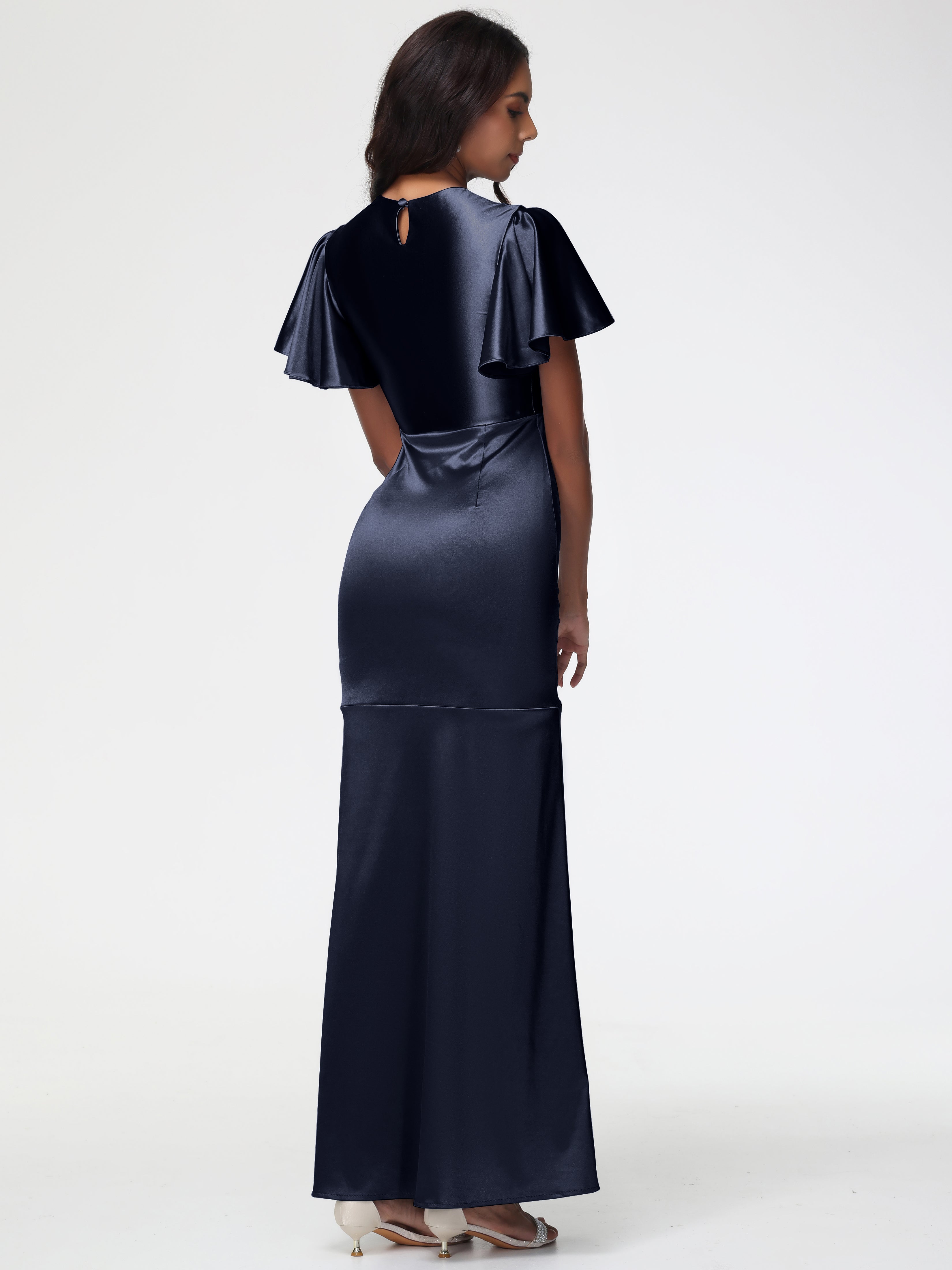Robes De Demoiselle D'Honneur Bleu Marine Modestes Col Rond Mancherons À Volants Satin Extensible Robe Fourreau Demoiselle D Honneur