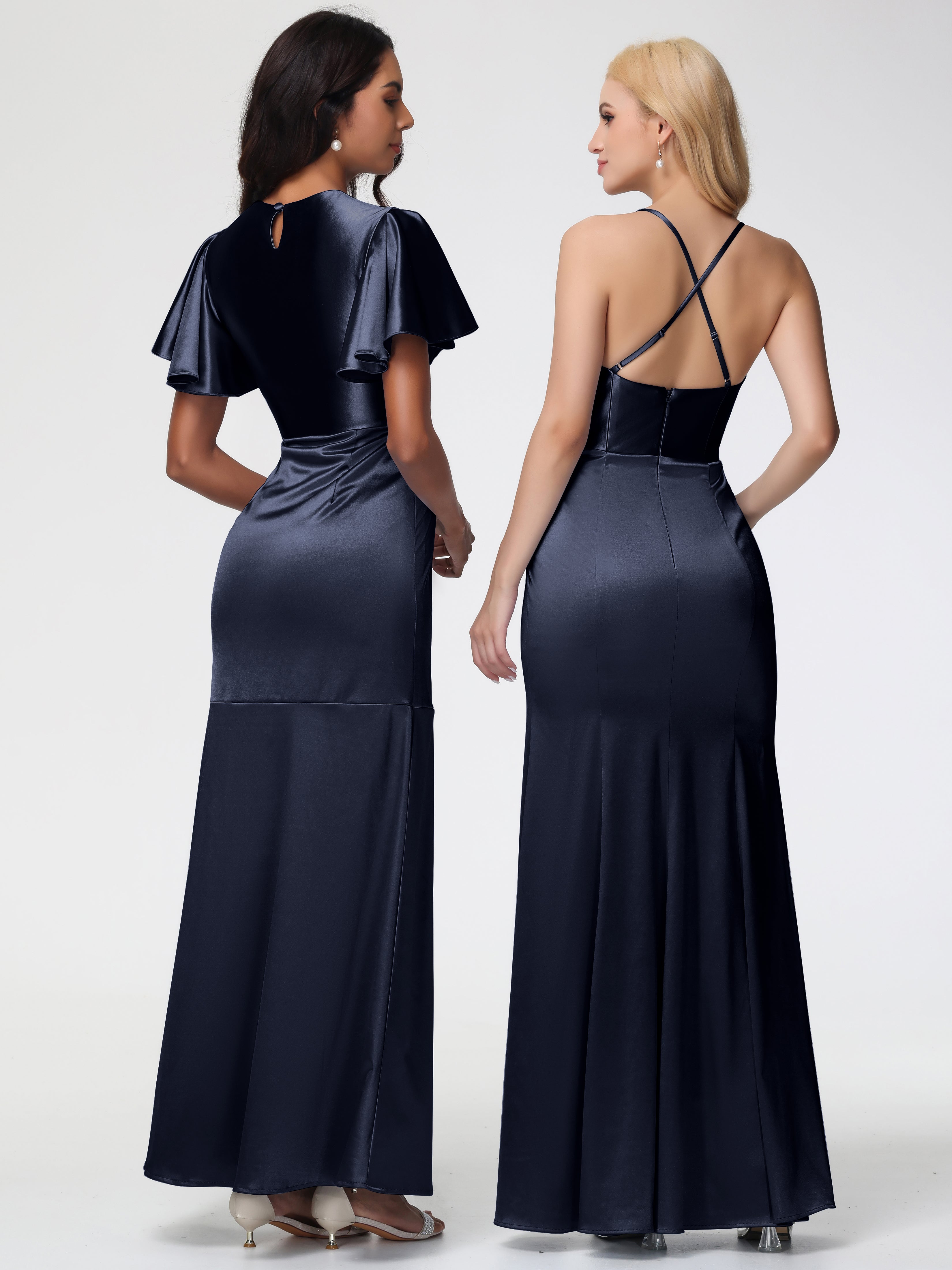 Robes De Demoiselle D'Honneur Bleu Marine Modestes Col Rond Mancherons À Volants Satin Extensible Robe Fourreau Demoiselle D Honneur