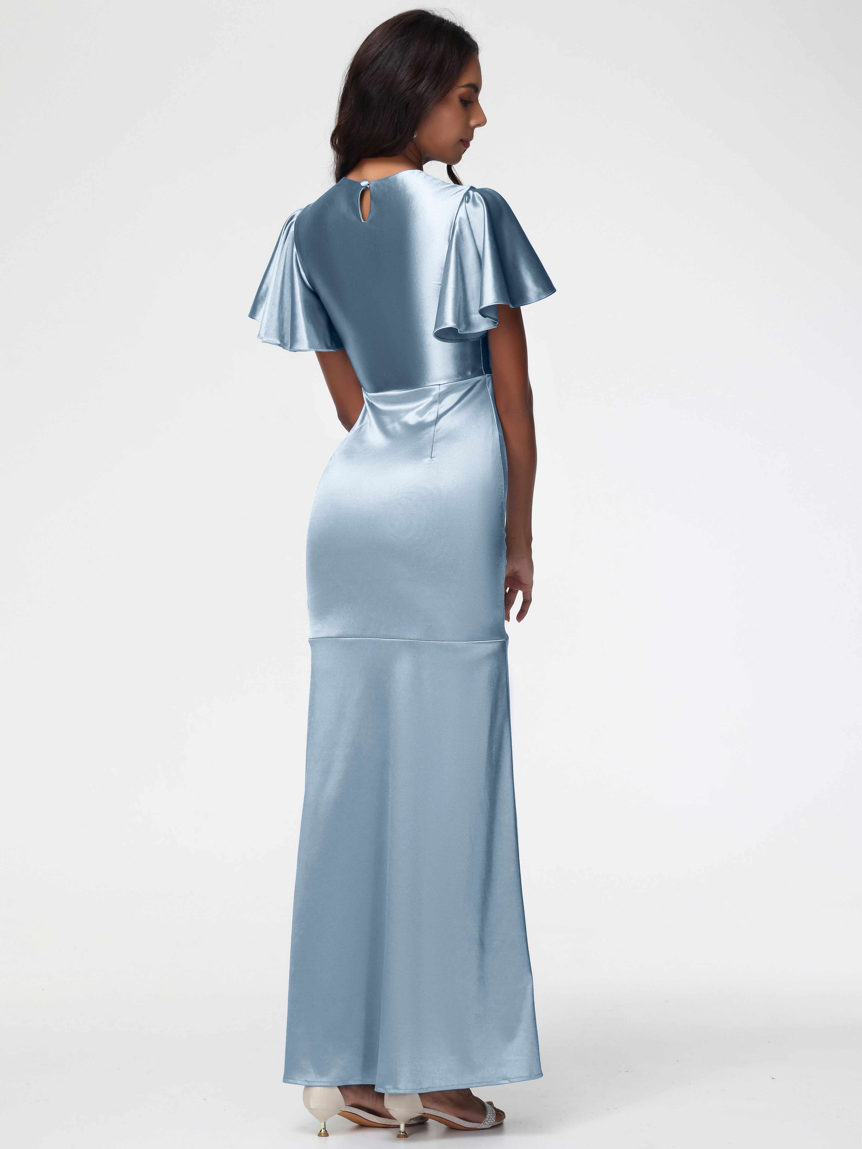 Robes De Demoiselle D'Honneur Bleu Poudre Col Rond Mancherons À Volants Satin Extensible Robe Fourreau Demoiselle D Honneur