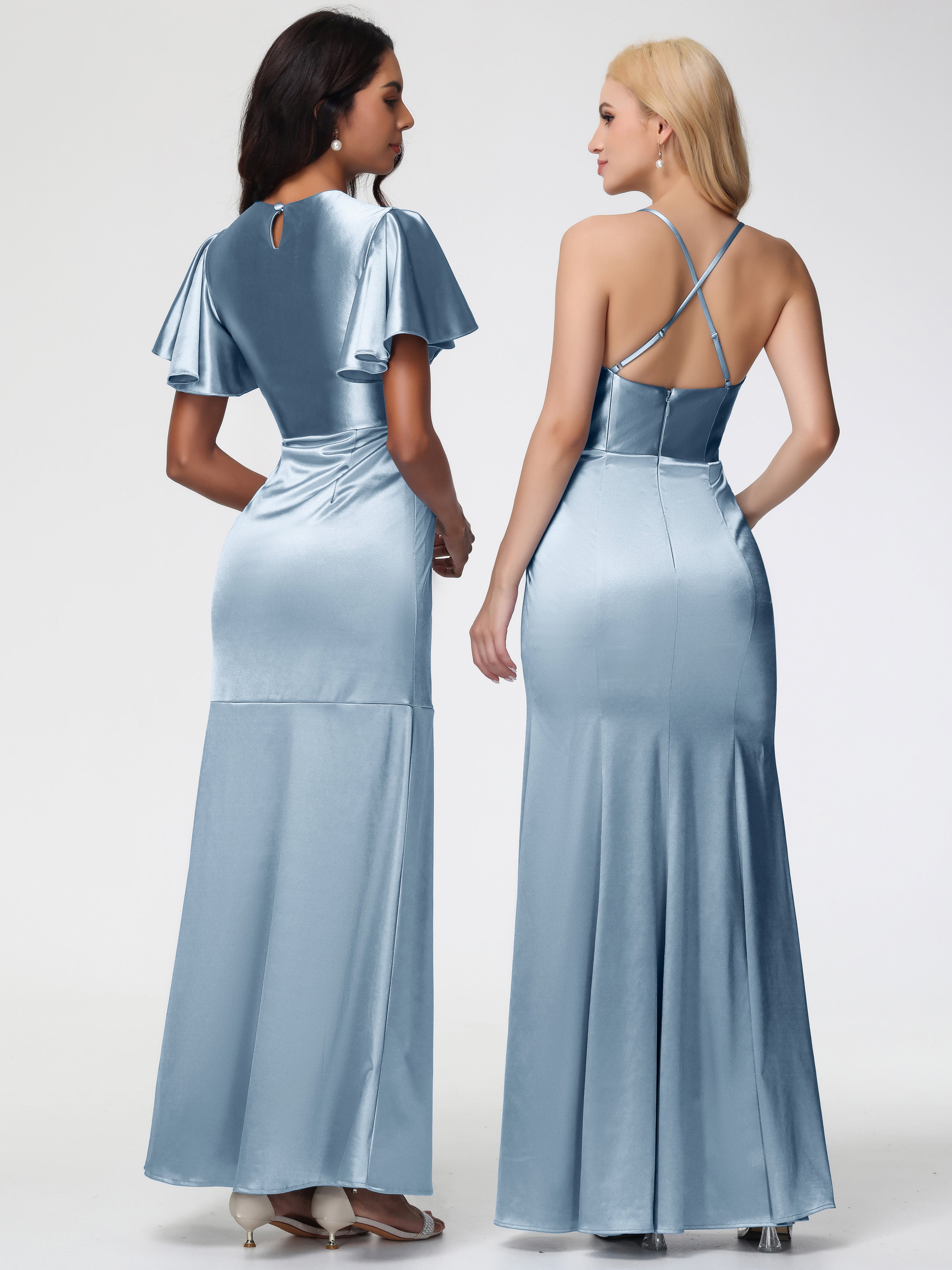 Robes De Demoiselle D'Honneur Bleu Poudre Col Rond Mancherons À Volants Satin Extensible Robe Fourreau Demoiselle D Honneur